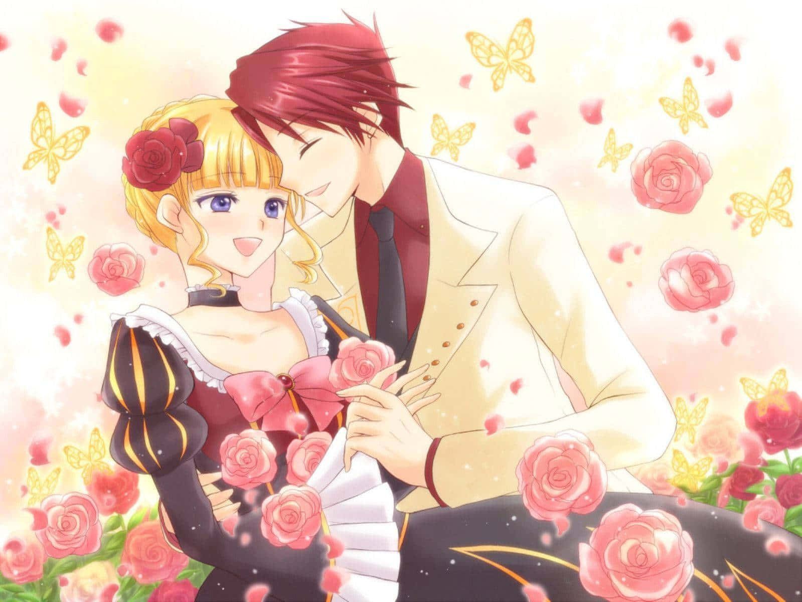 Battler Ushiromiya And Beatrice With Pink Roses Romance Anime Background