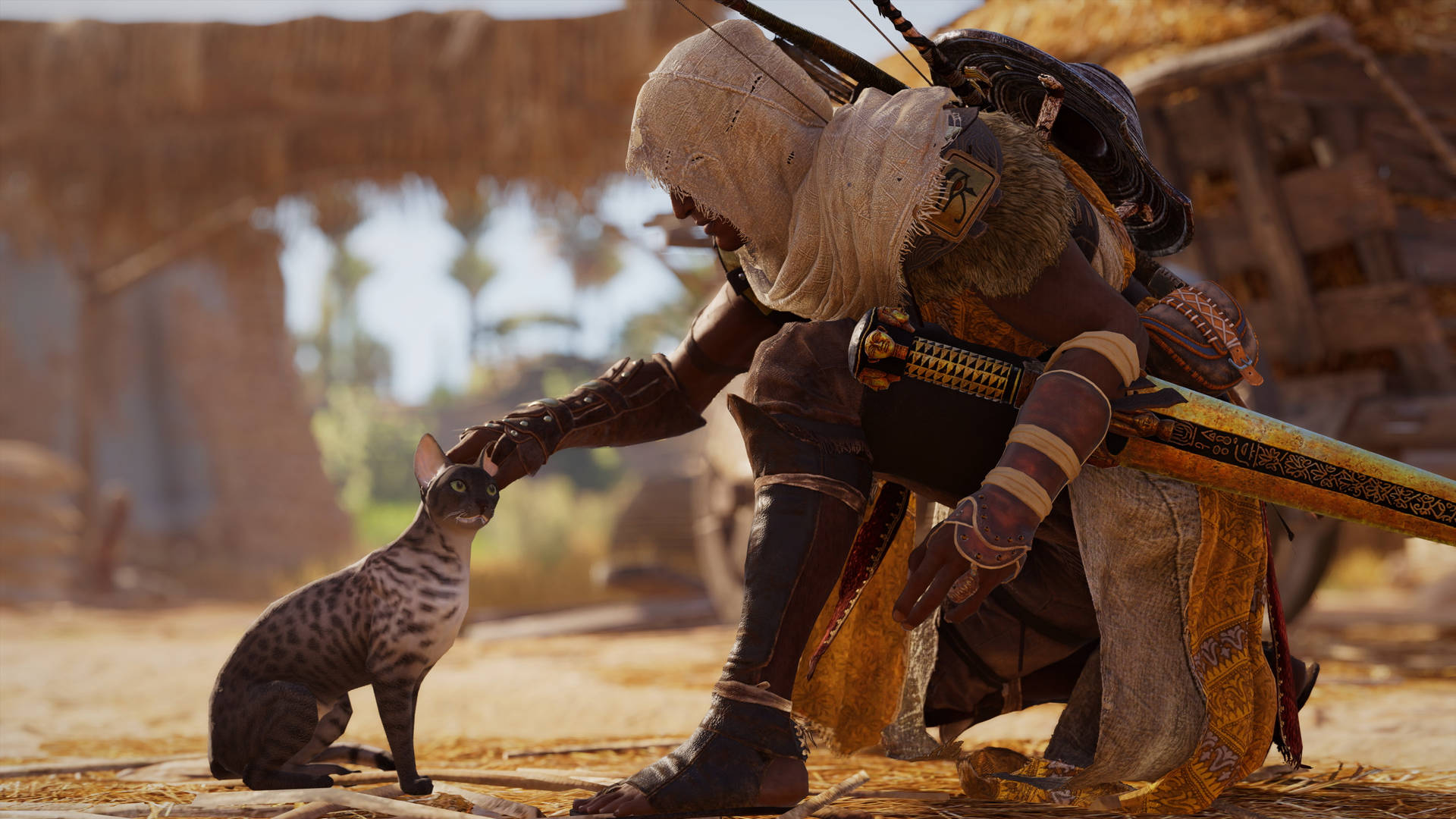 Bayek Of Siwa, The Last Medjay, With Bengal Cat In Assassin's Creed Origins Background