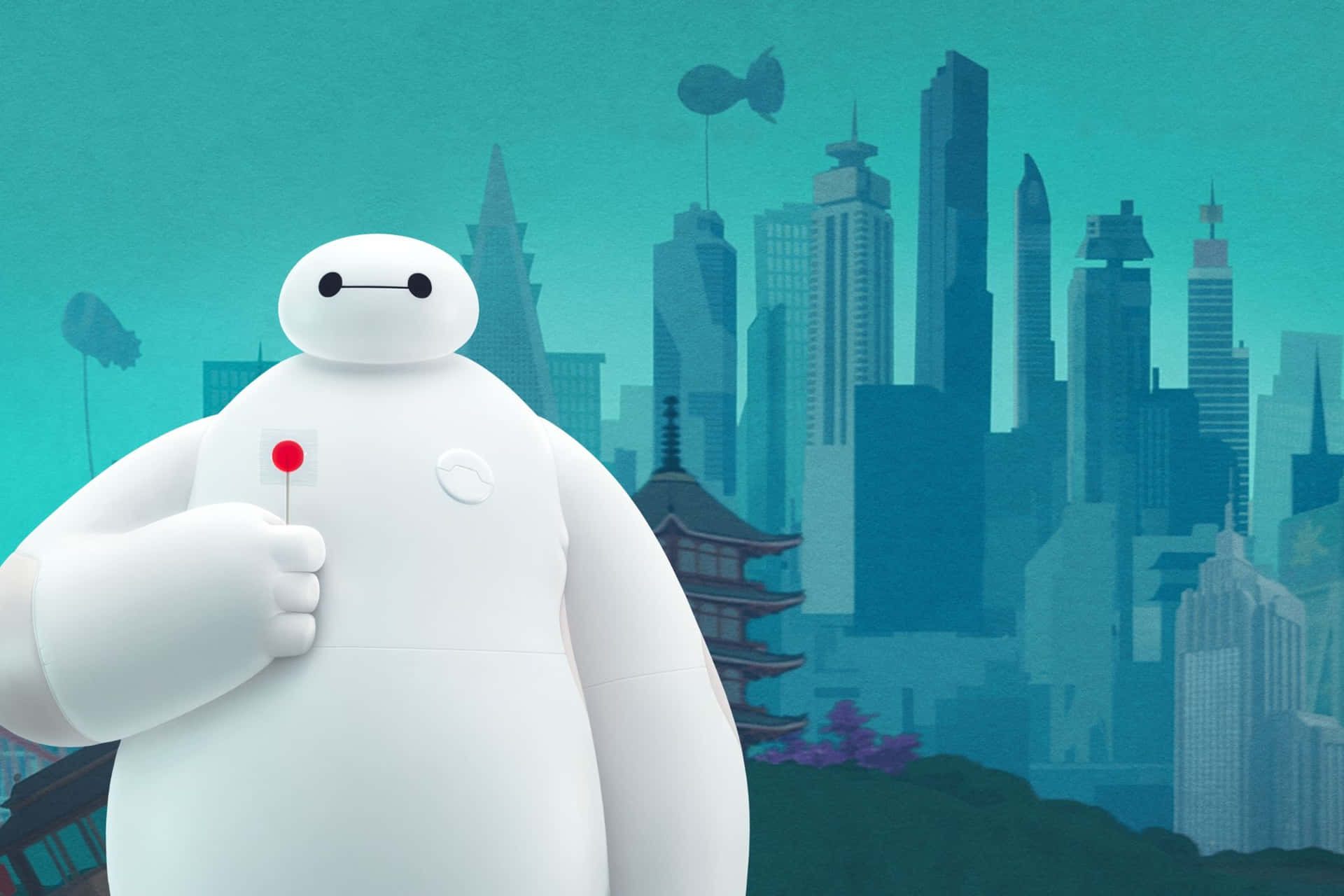 Baymax Holding Lollipop Against Cityscape Background
