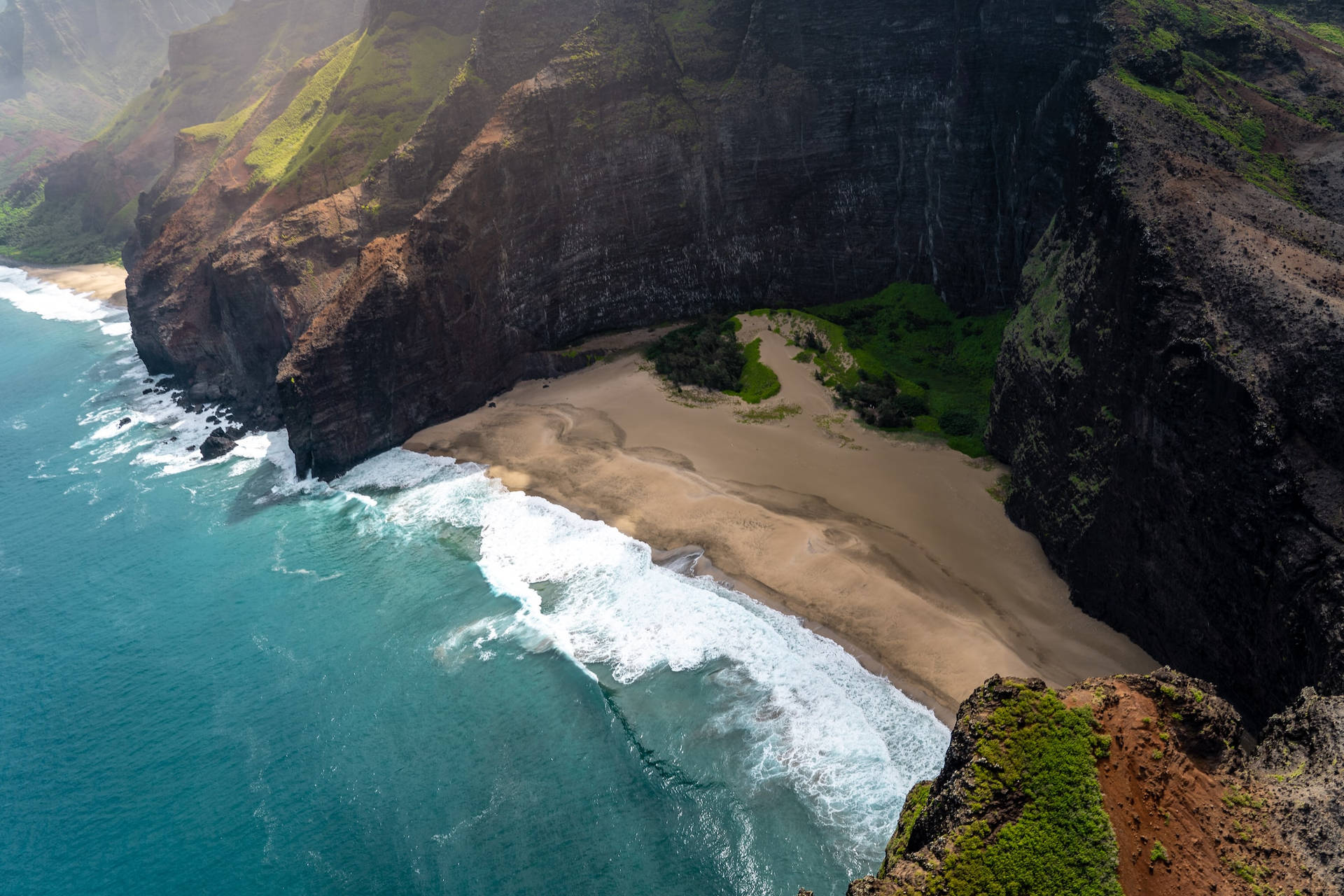 Beach By A Mountain Full Screen Desktop Background