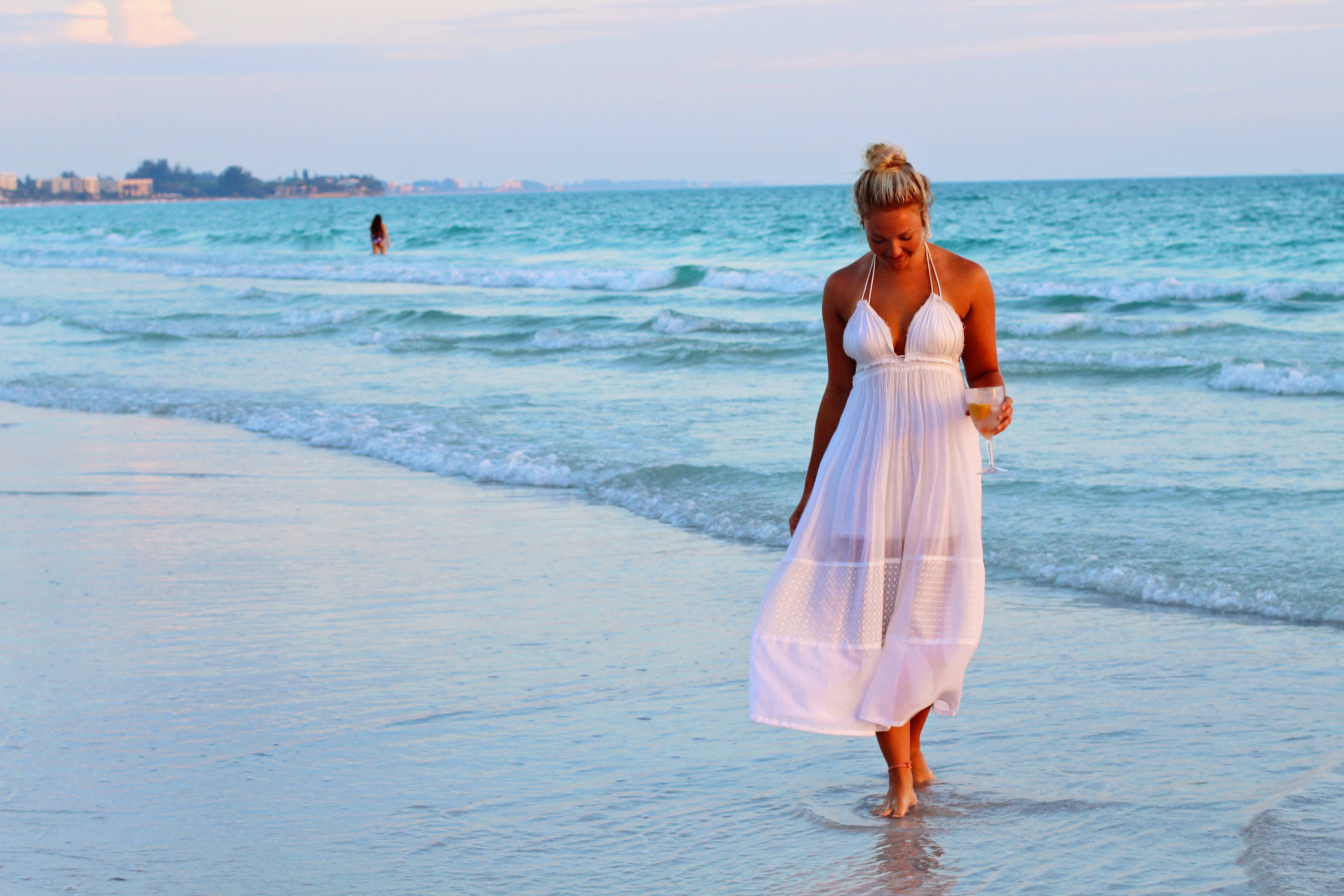 Beach Girl Walking On Shore Background