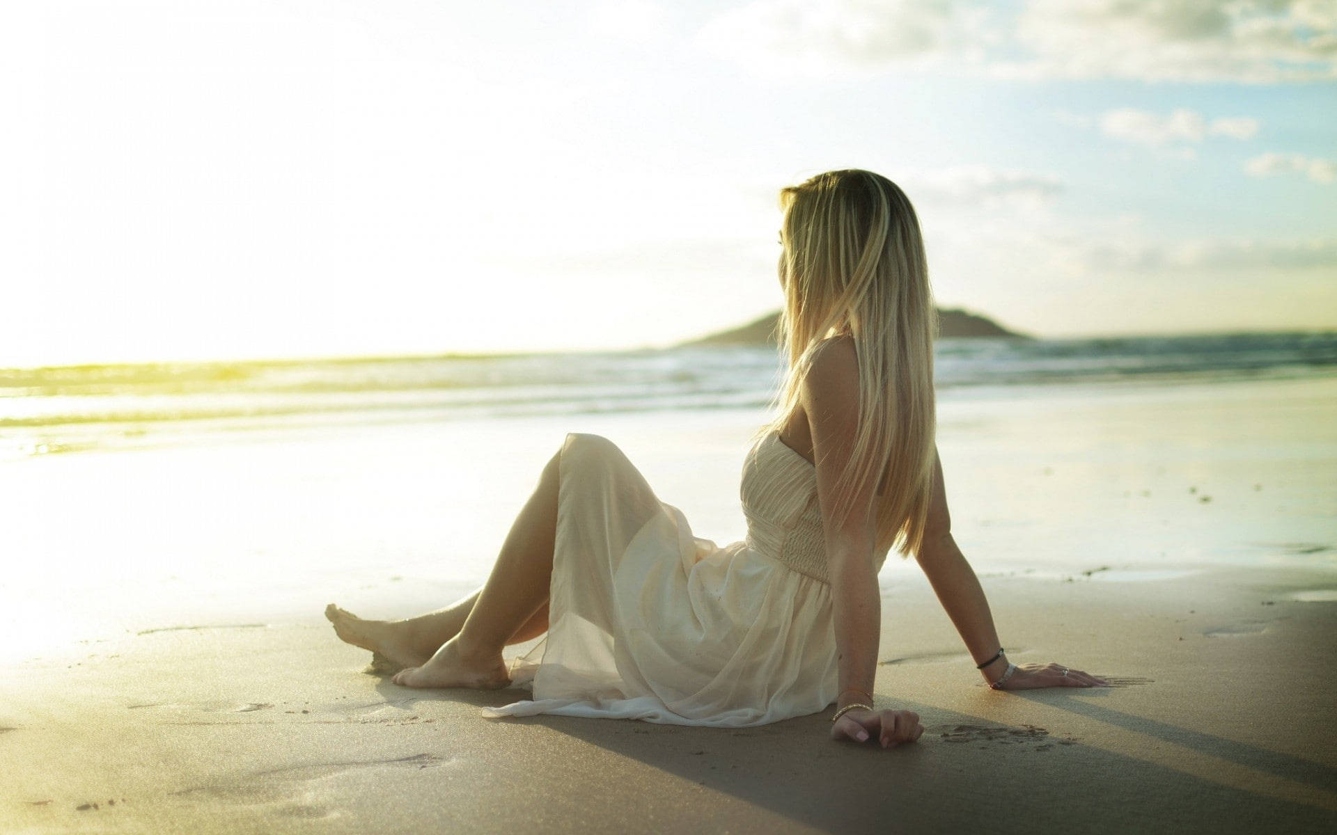 Beach Girl Wearing White Dress Background