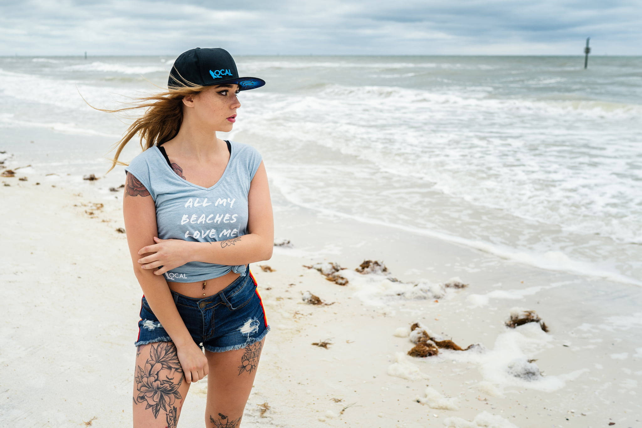 Beach Girl With Tattoos Background