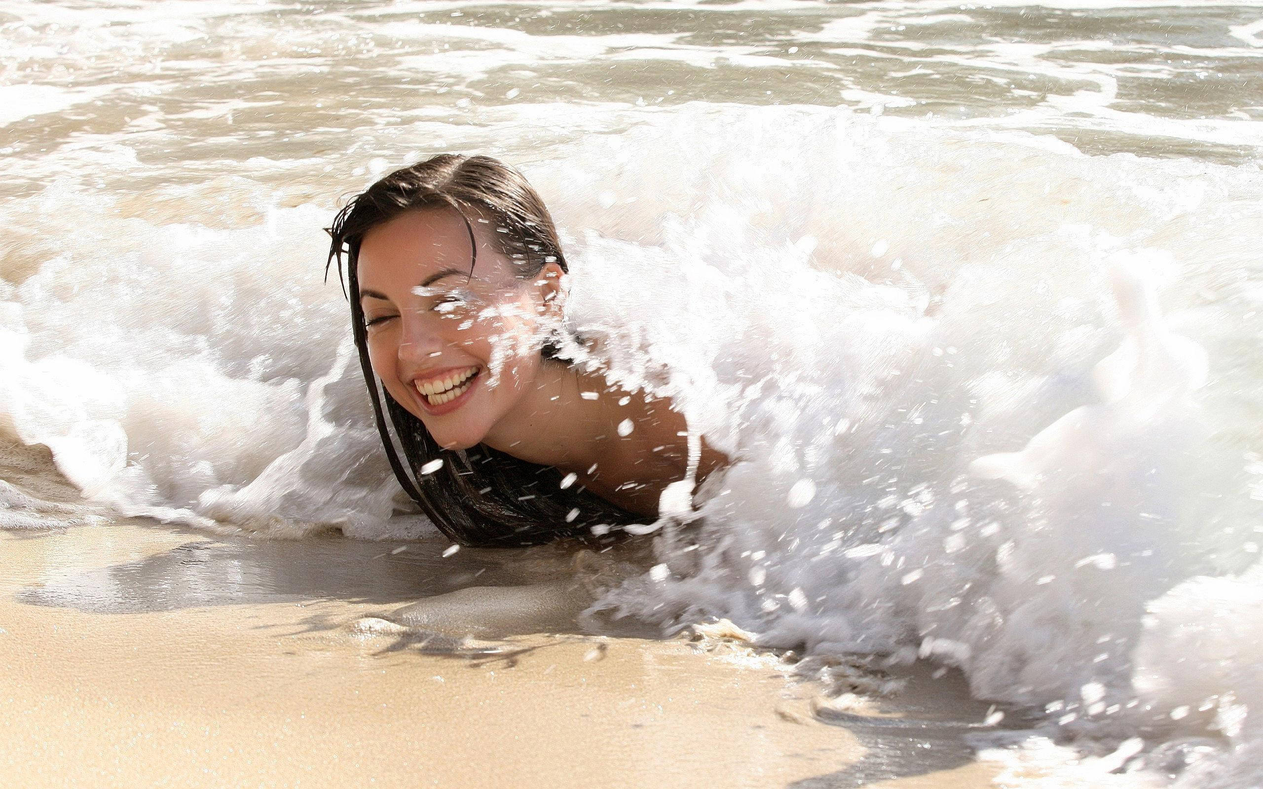 Beach Girl With Waves Background