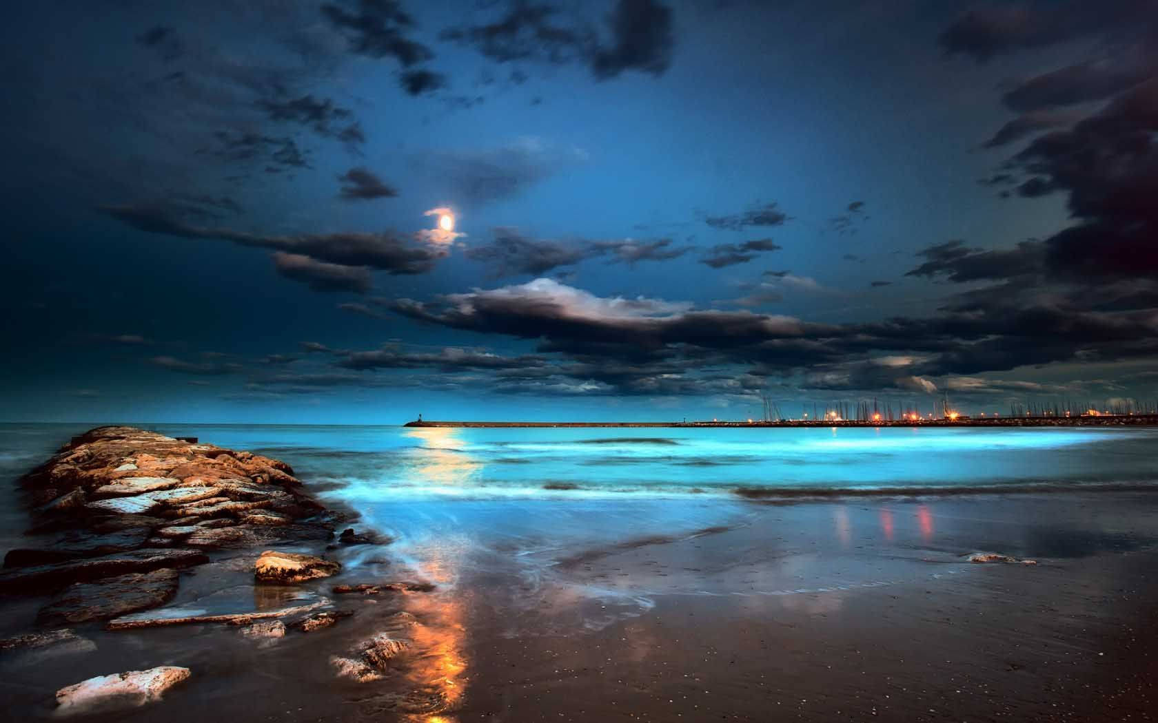 Beach Night Glowing Sea Water Background