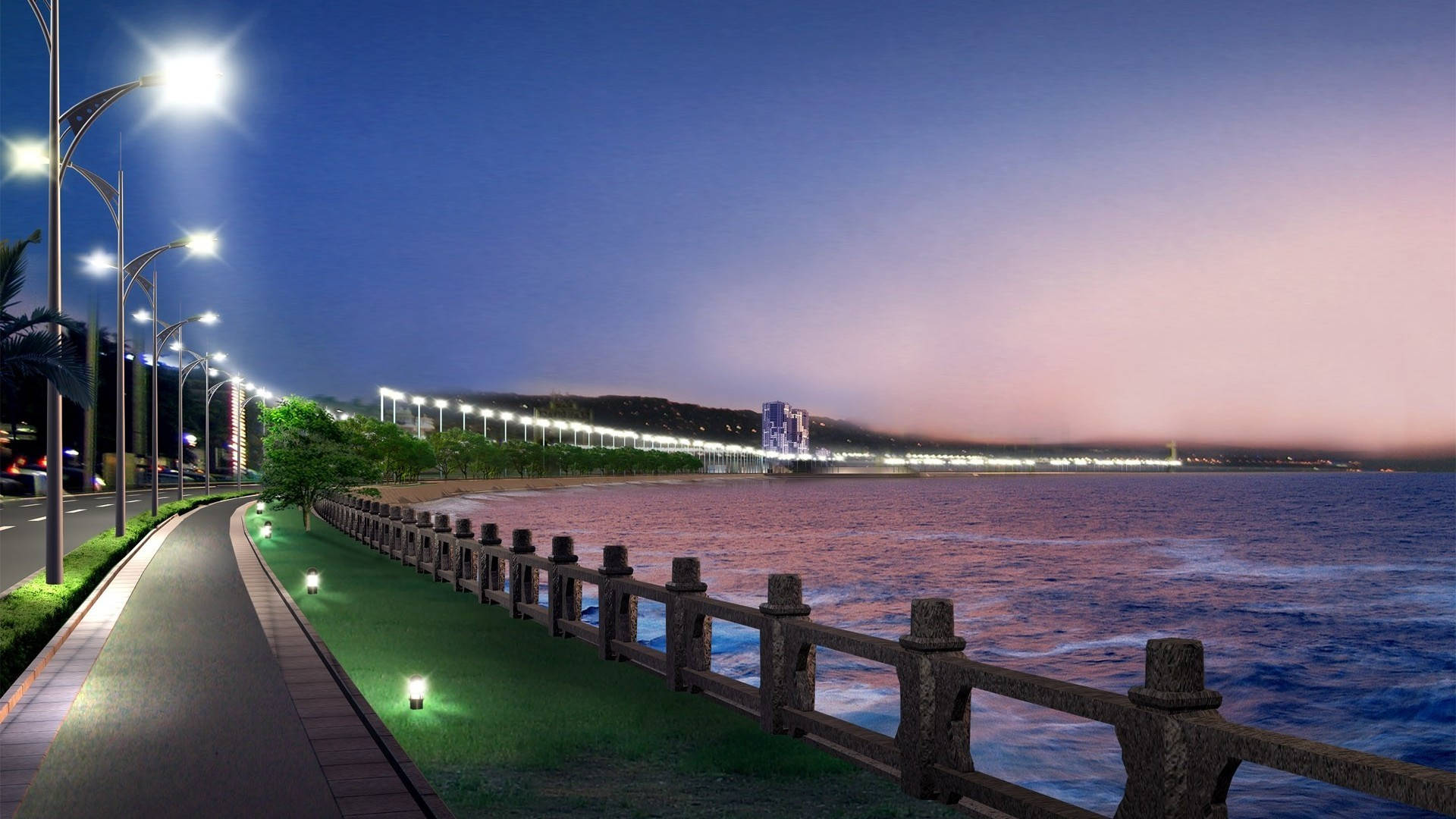 Beach Night Road Side View Background