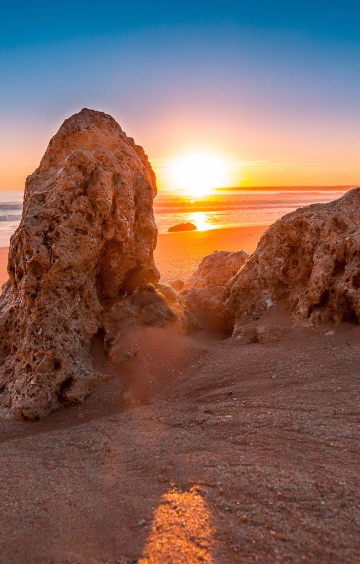 Beach Sunrise Rock Formation Scenery Background