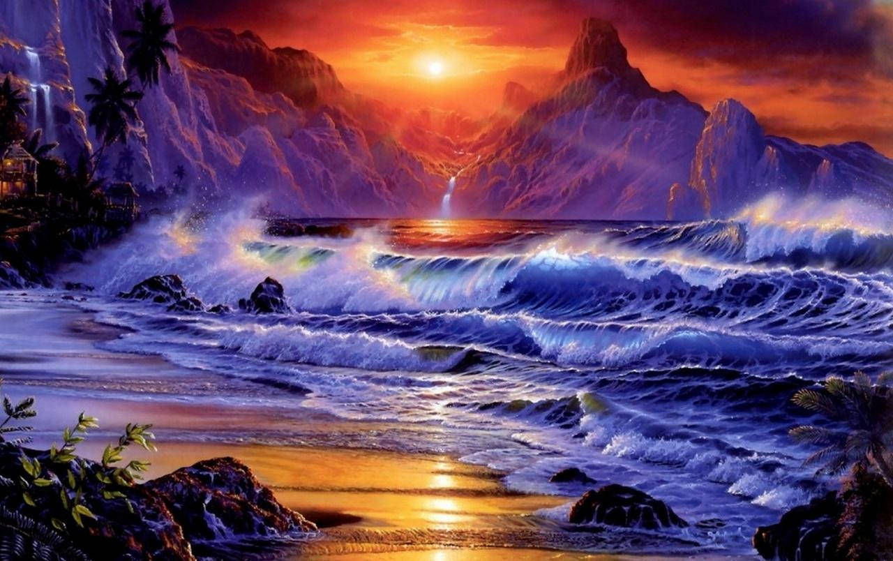 Beach Sunset Painting Background