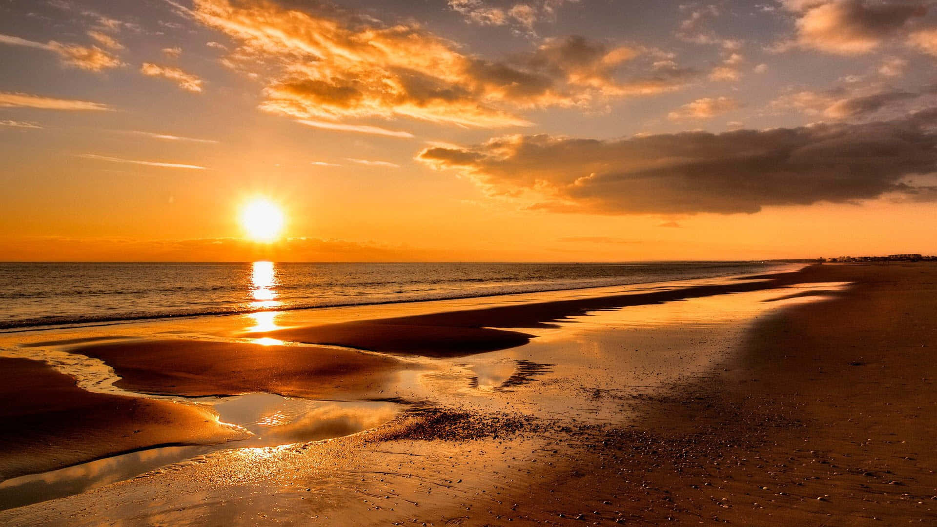 Beach Sunset Sand Orange Sky Hd Background