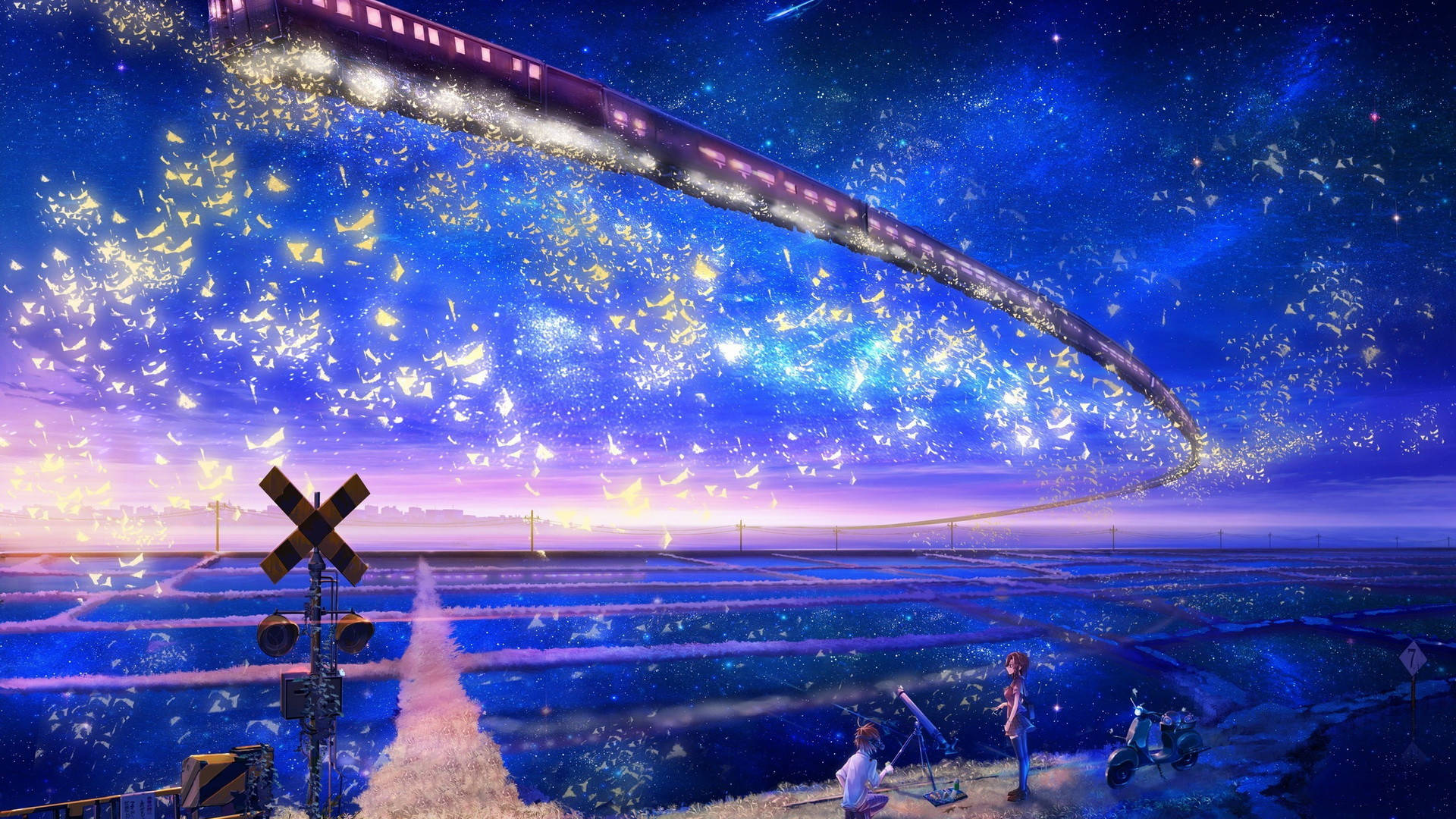 Beautiful Anime Couple Gazing Magical Sky Background
