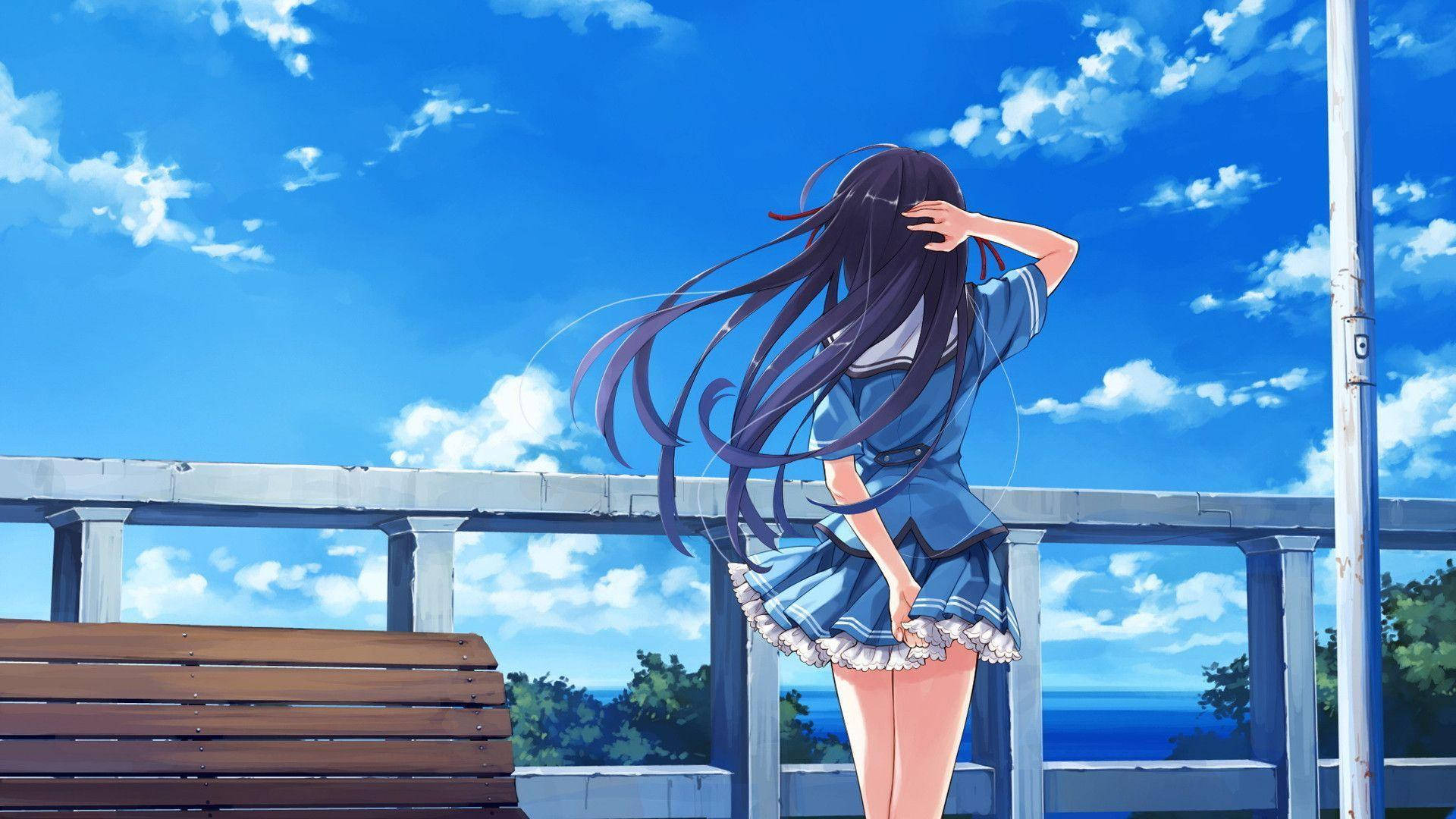 Beautiful Anime Girl Beach Scenery Background