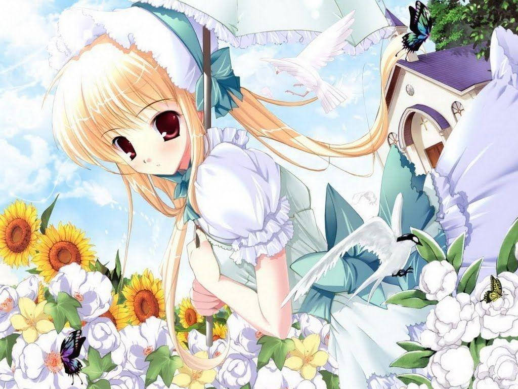 Beautiful Anime Girl In Flower Field Background