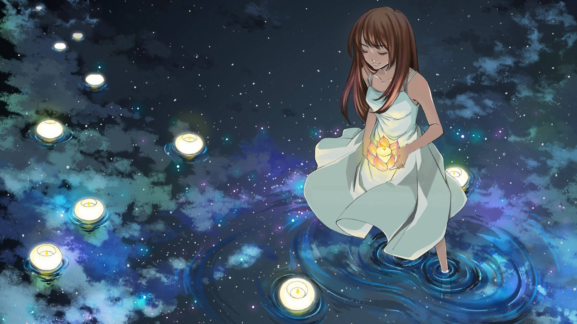 Beautiful Anime Girl In Lake Background