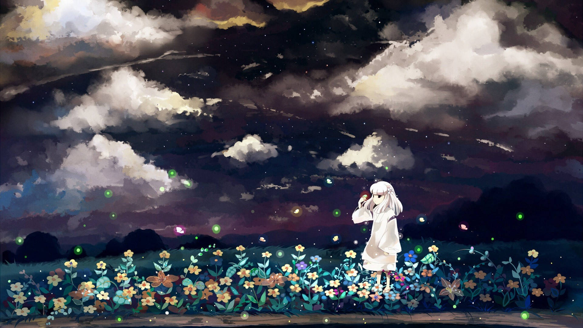 Beautiful Anime Little Girl With Butterflies Background