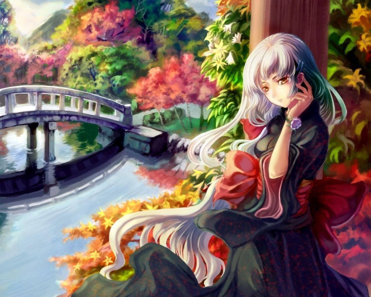 Beautiful Anime Princess On A Water Bridge Background