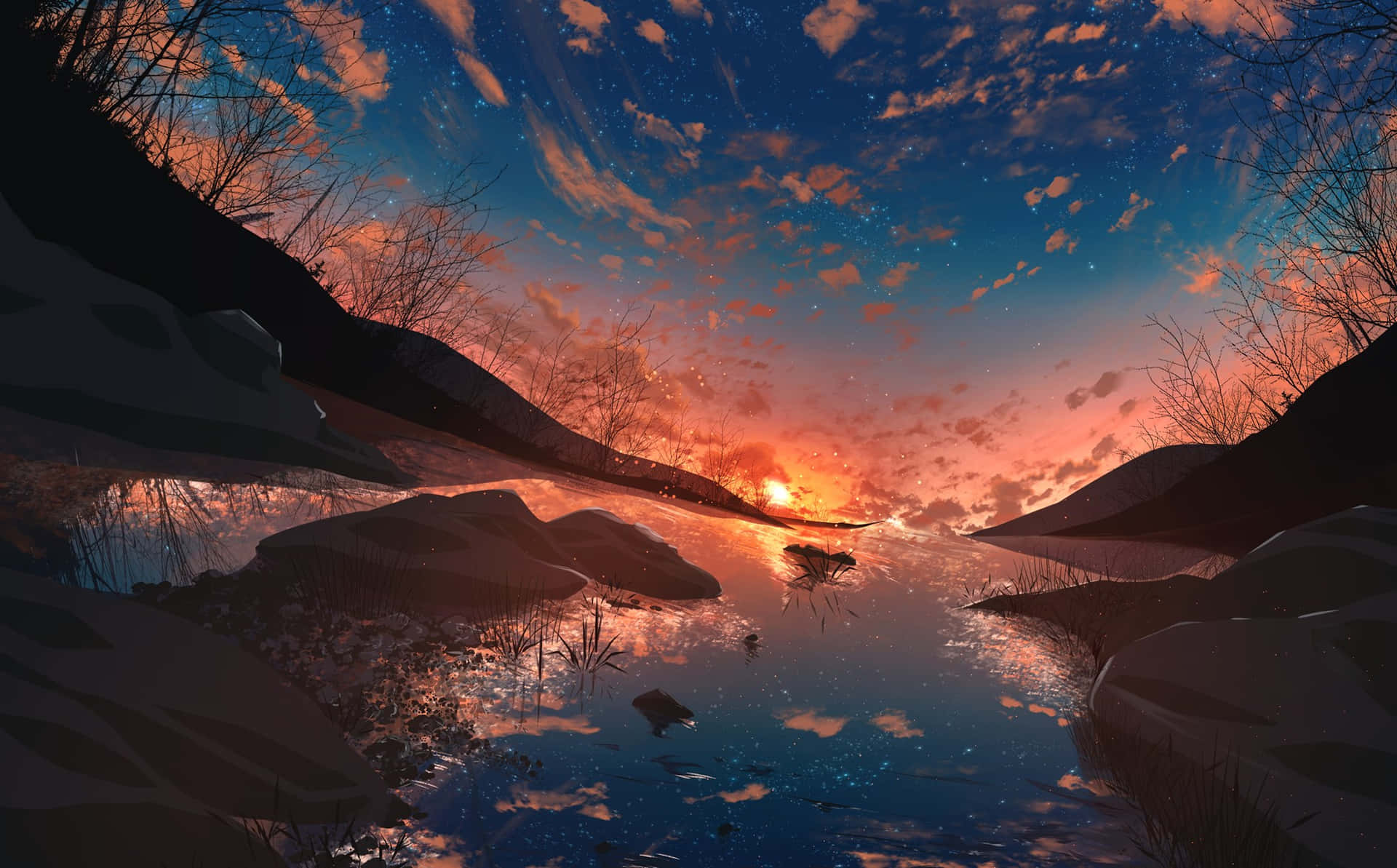 Beautiful Anime Sunset Sky With Reflection Background