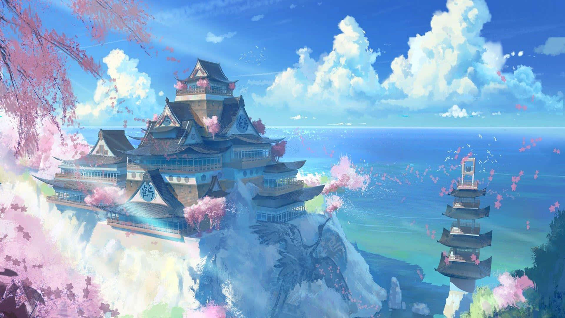 Beautiful Anime Temple Scenery Background