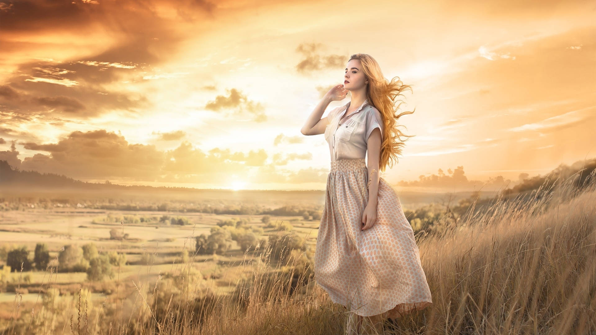 Beautiful Blonde In Scenic Grassy Field Background