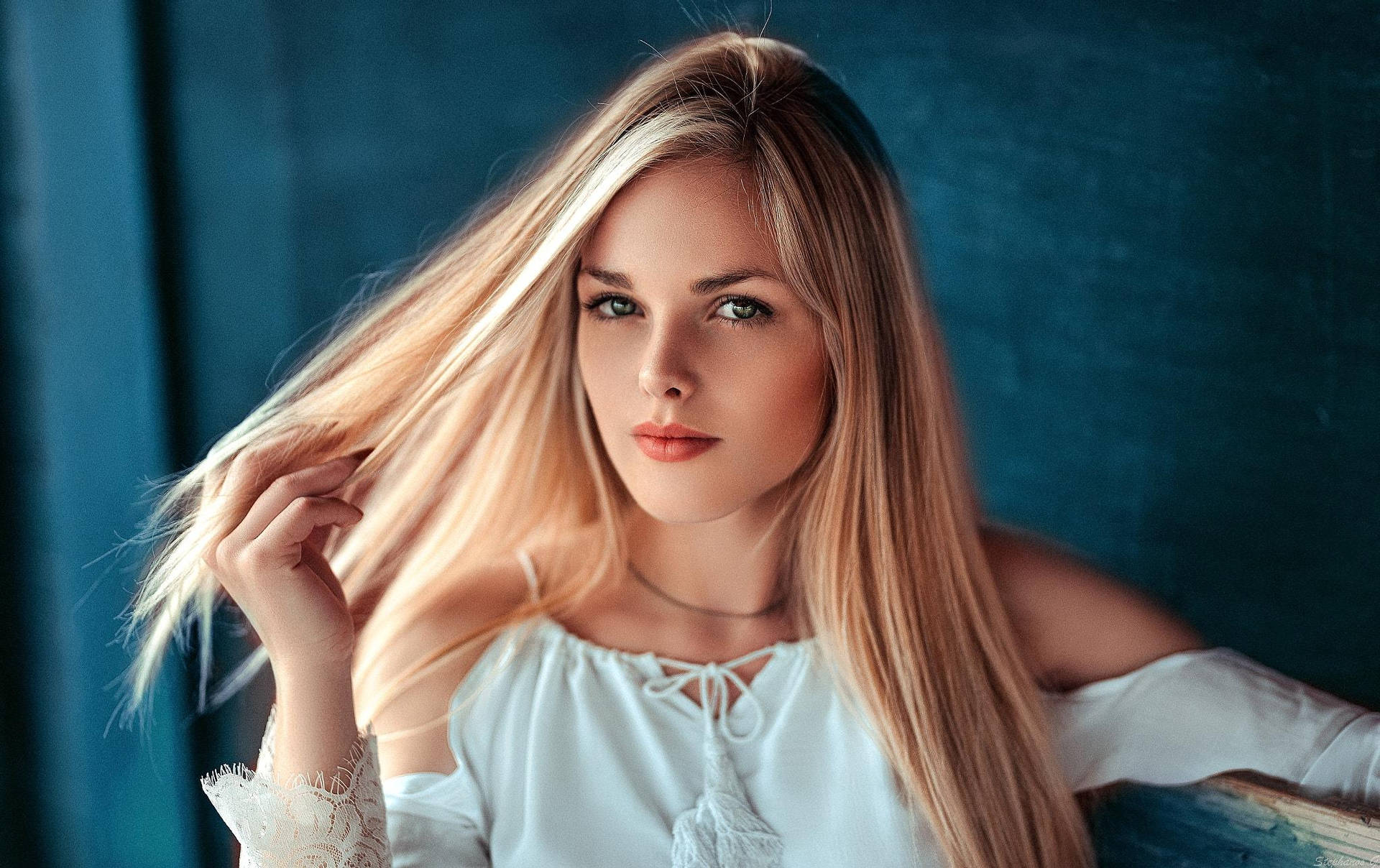 Beautiful Blonde In White Off-shoulder Outfit Background