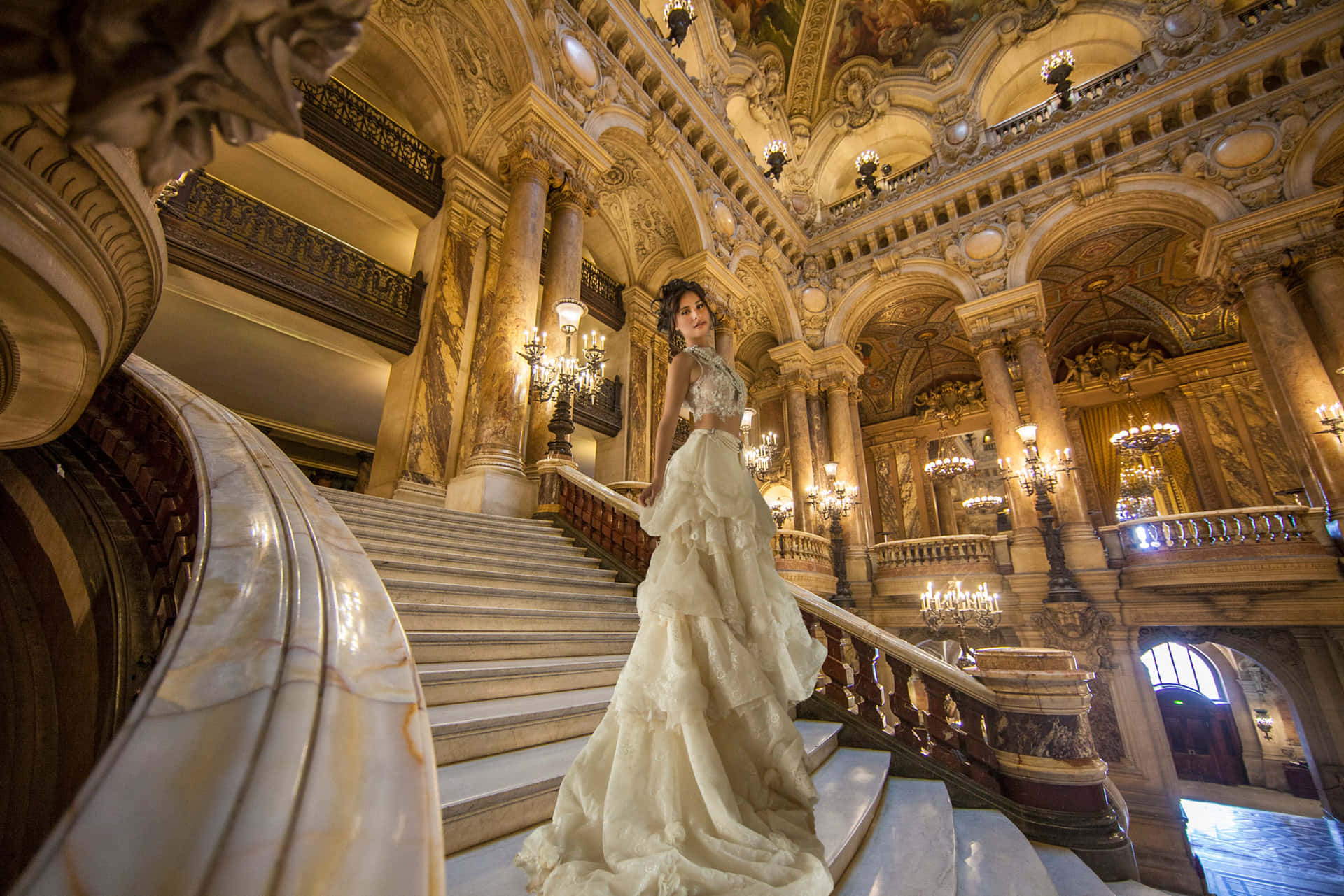 Beautiful Bride At Paris Opera House Background