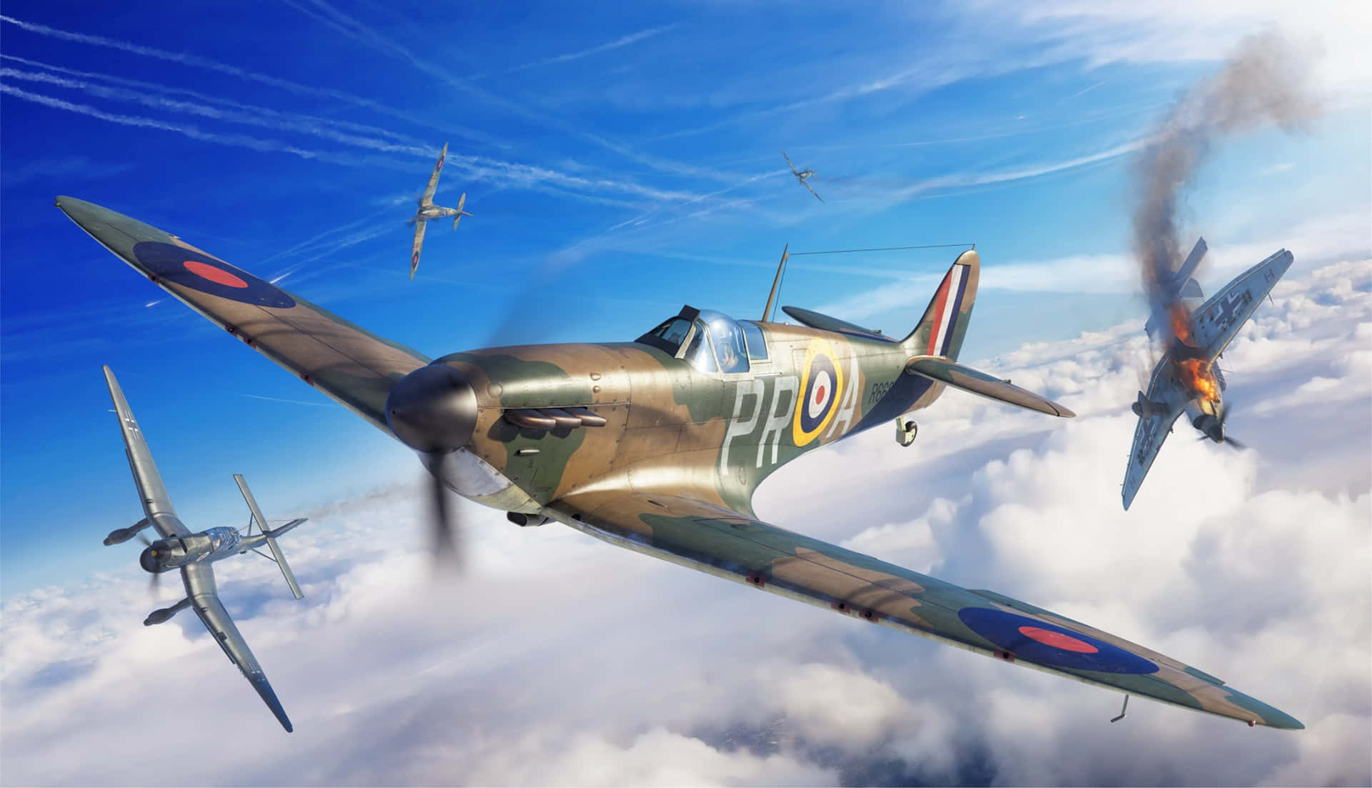 Beautiful British Military Aircraft, The Spitfire, Soaring Through The Clouds. Background
