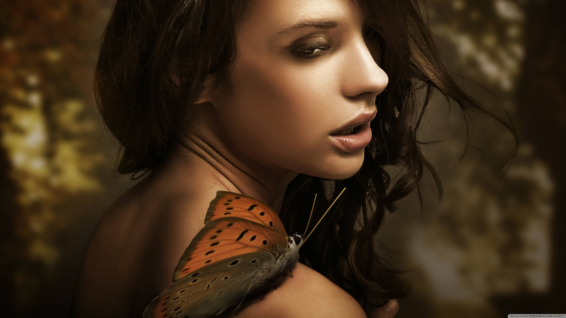 Beautiful Butterfly On Woman's Shoulder Background