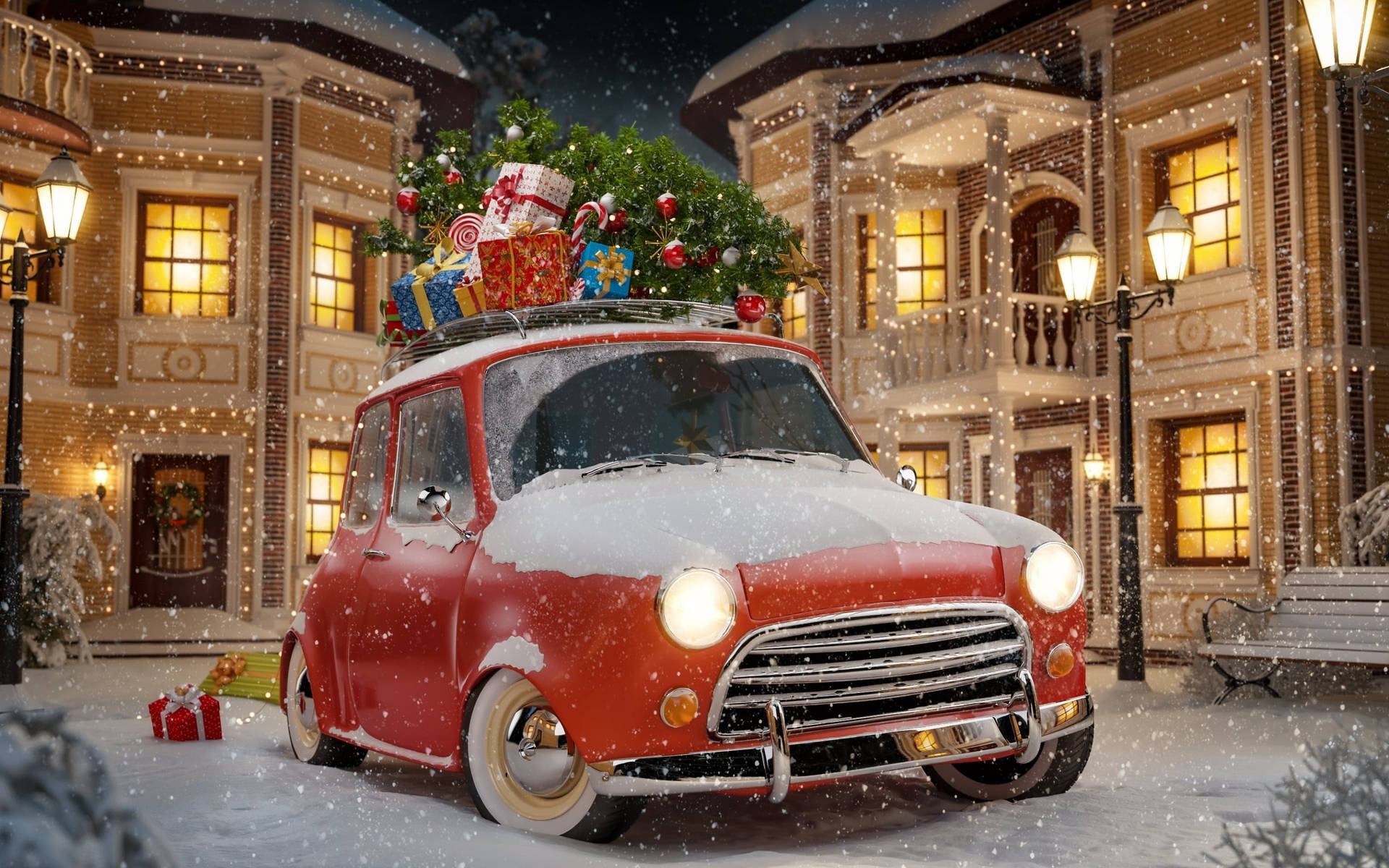 Beautiful Christmas Car With Snow Background