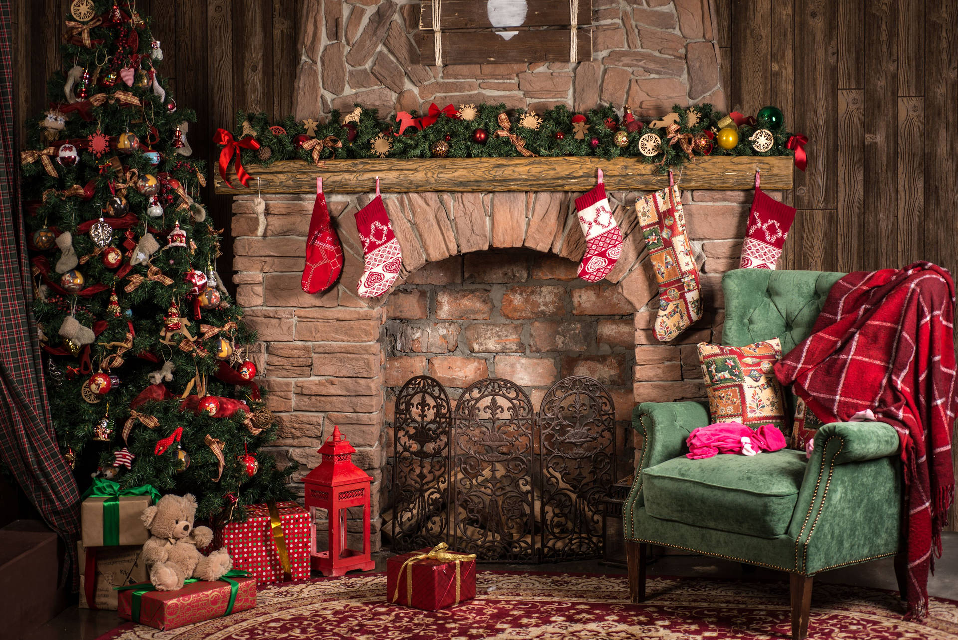 Beautiful Christmas Fireplace Decor Background