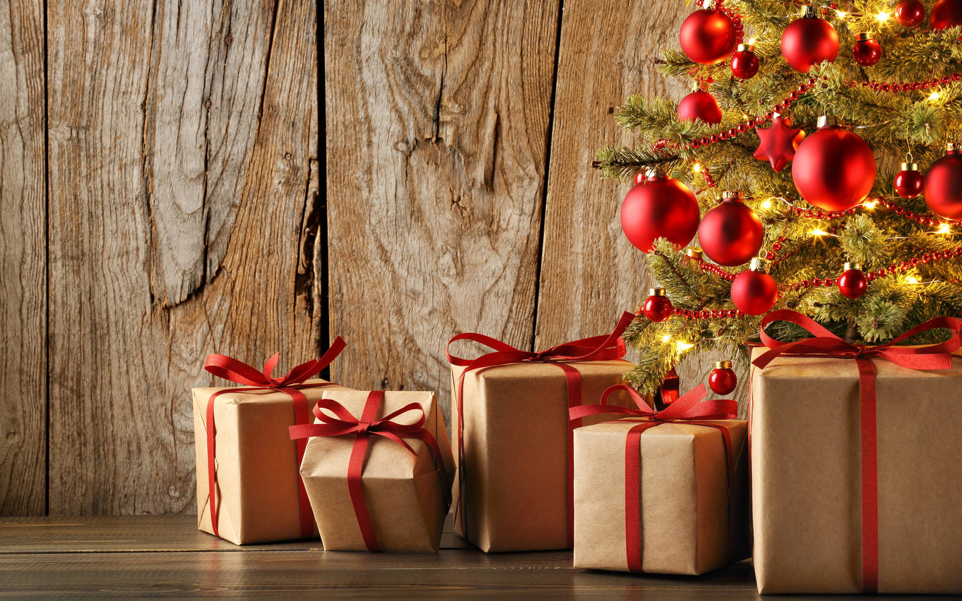 Beautiful Christmas Gifts In Kraft Paper Background