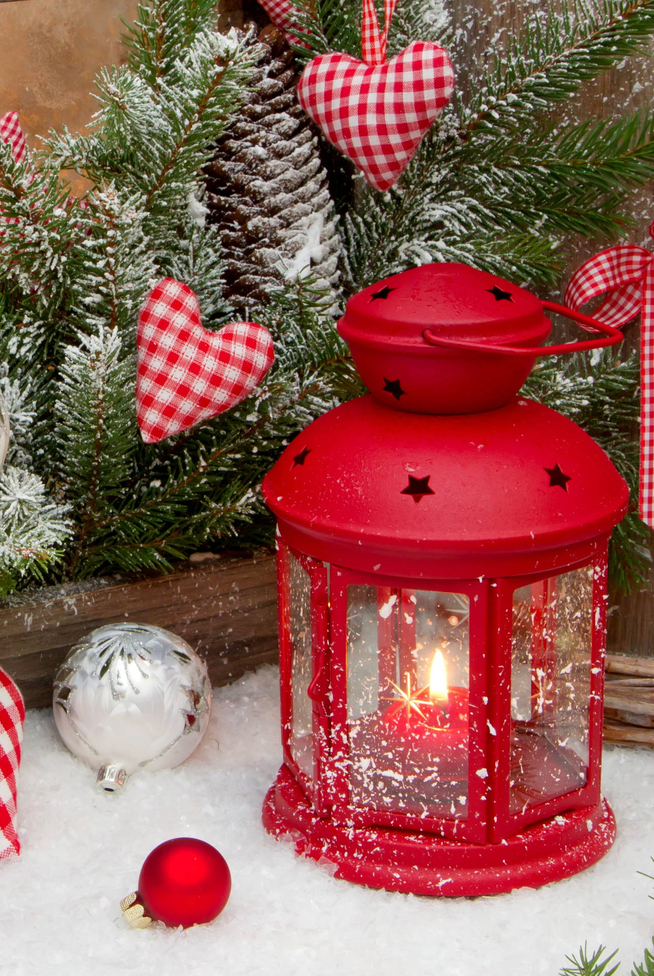 Beautiful Christmas Lantern With Red Candle Background