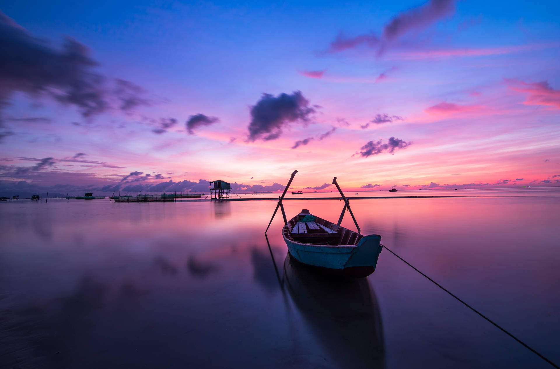 Beautiful Cool Boat And Purple Sunset Background