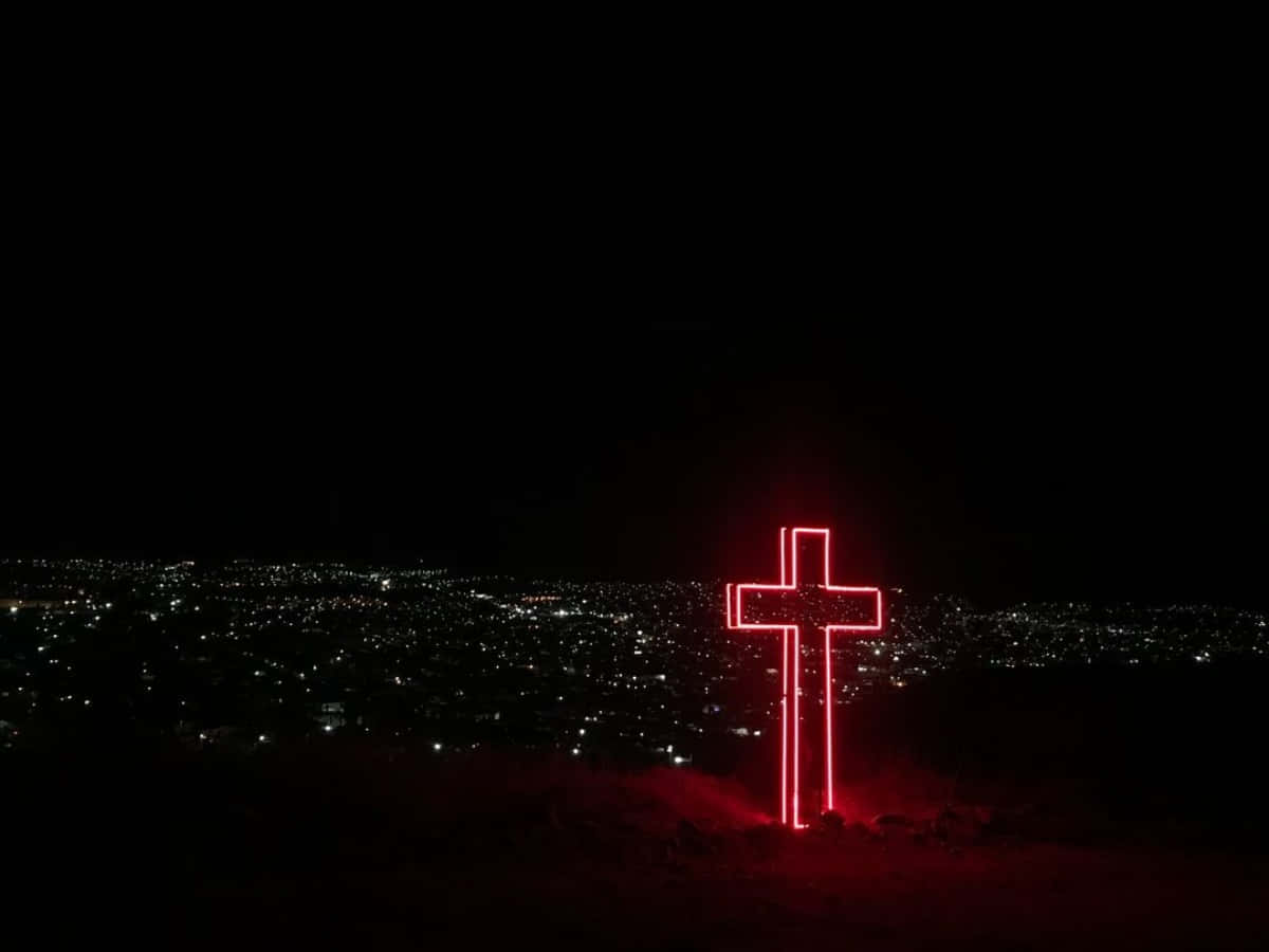 Beautiful Cross With Red Neon Light