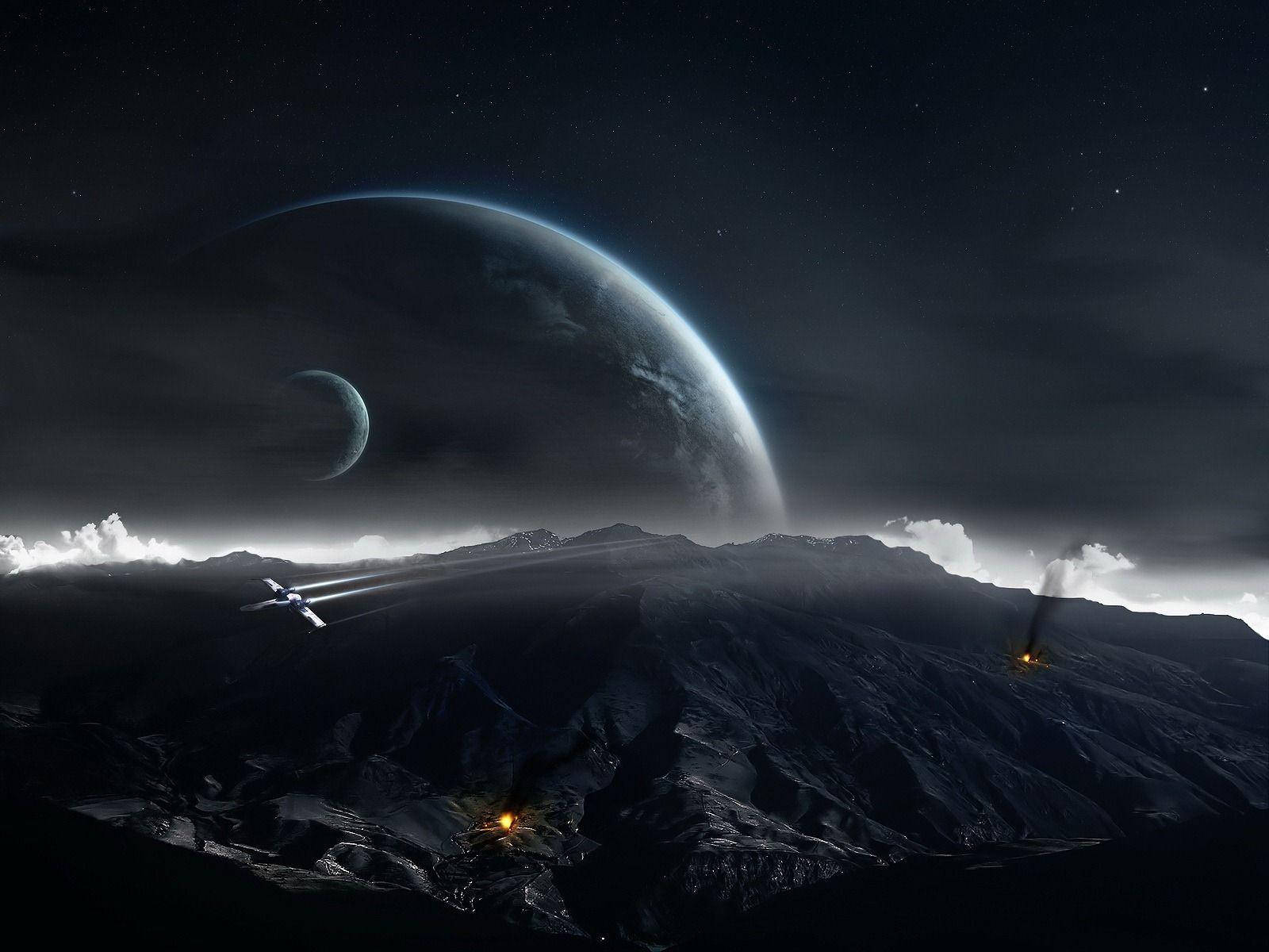 Beautiful Dark Mountain Range With Planets Background