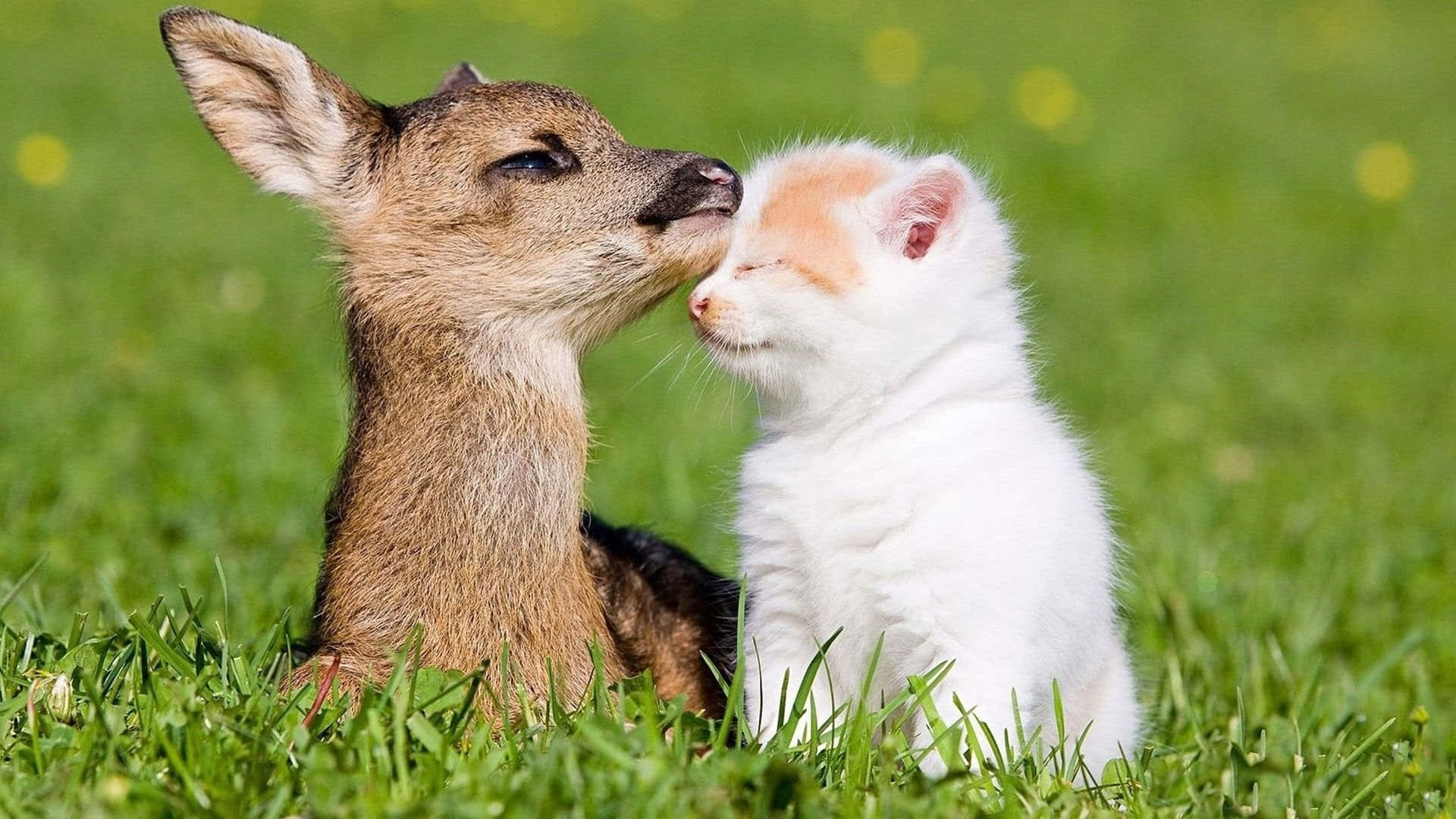 Beautiful Desktop Animal Roe Deer And A Kitten Background