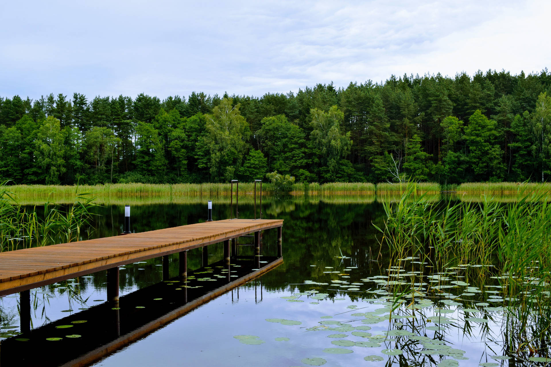 Beautiful Dock In Lily Pad Lake In Lithuania Background