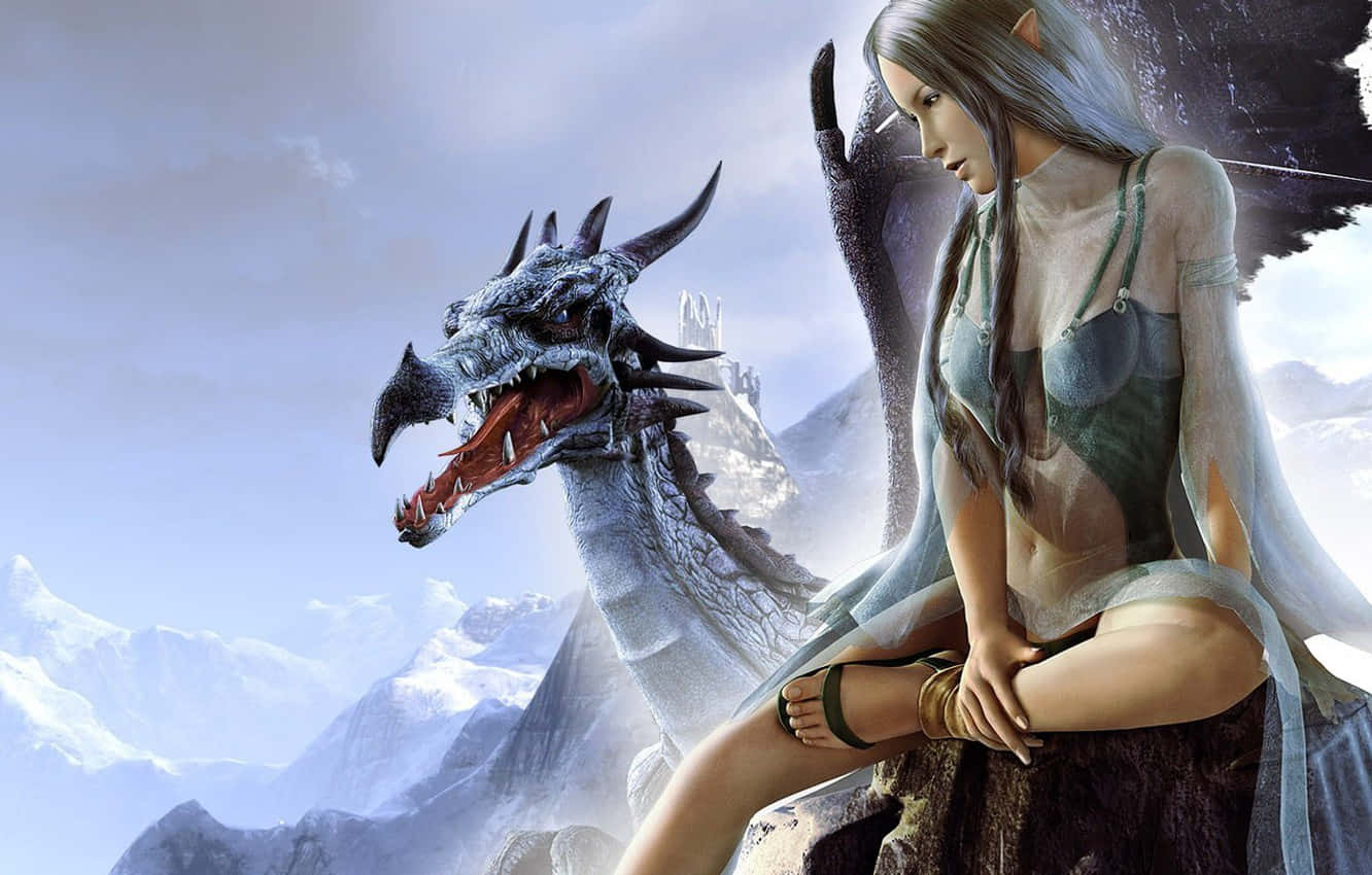 Beautiful Dragon With A Woman Background