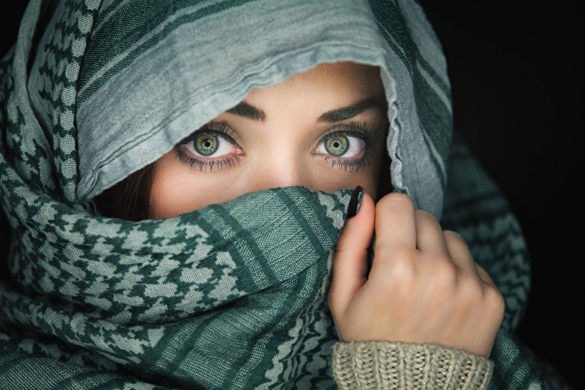 Beautiful Face Covered With Shawl Scarf Background