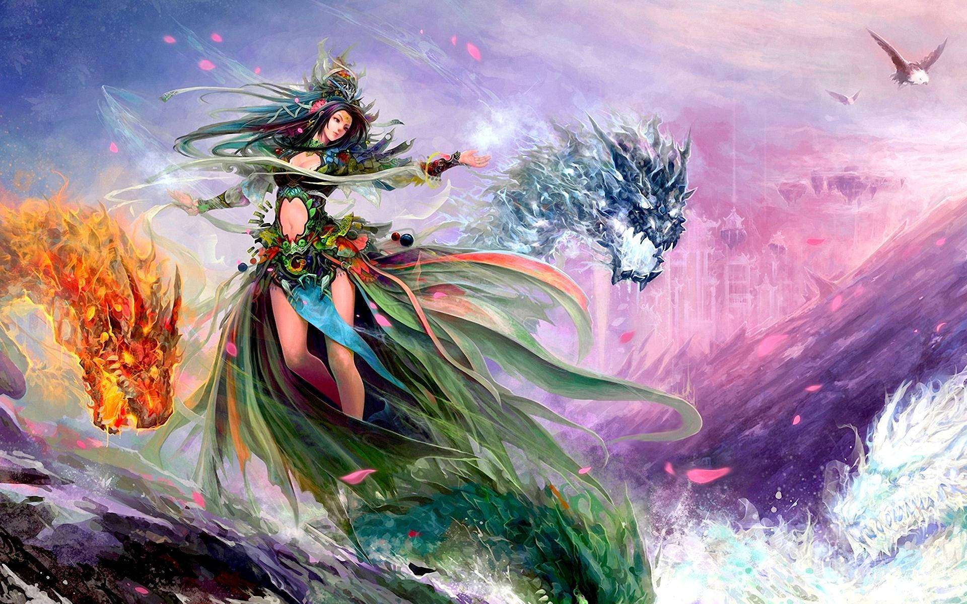 Beautiful Fairy Fire And Water Dragon Background