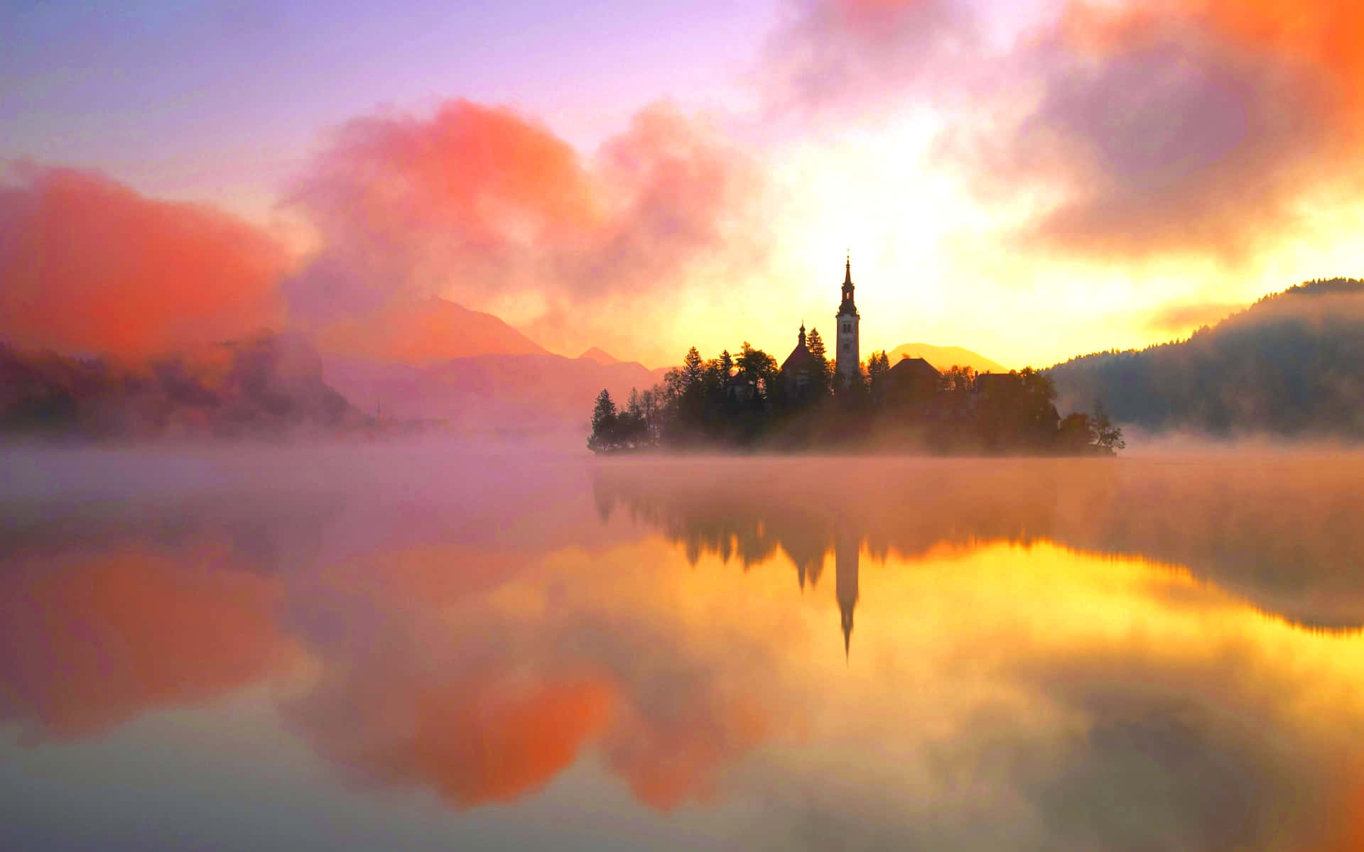 Beautiful Foggy Sunset At Lake Bled