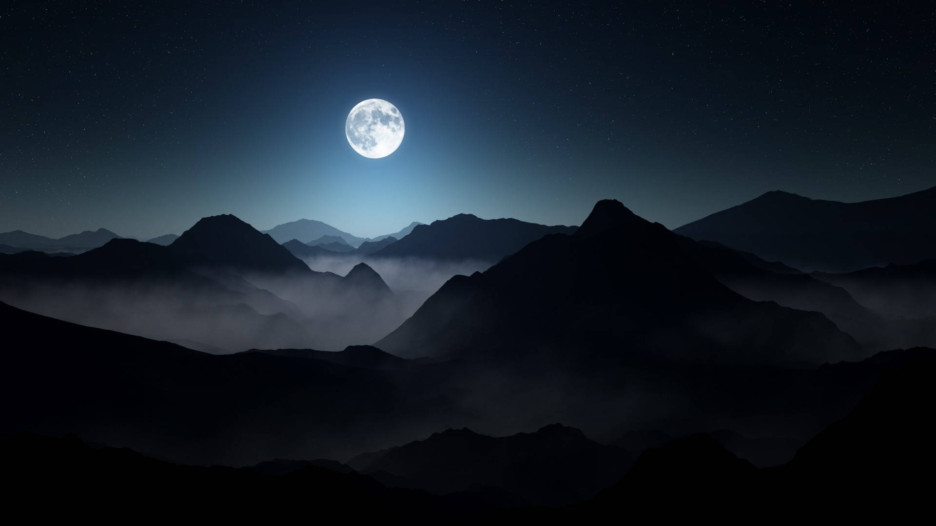 Beautiful Full Moon And Foggy Mountains Background