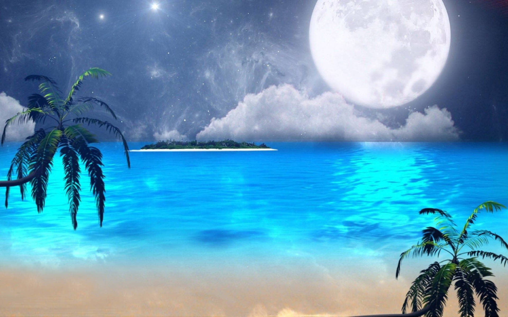 Beautiful Full Moon Beach Digital Art Background