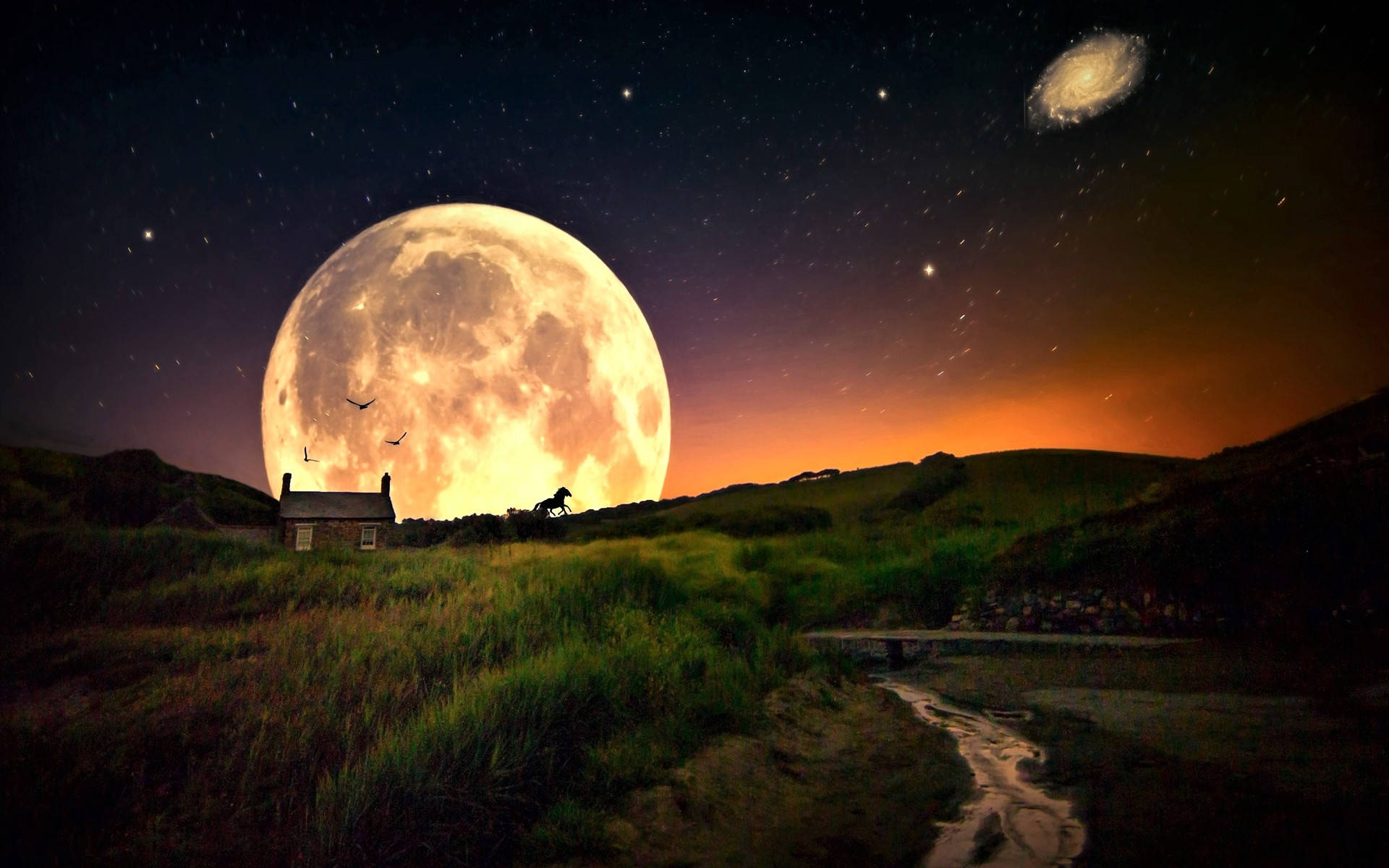 Beautiful Full Moon House Field Art