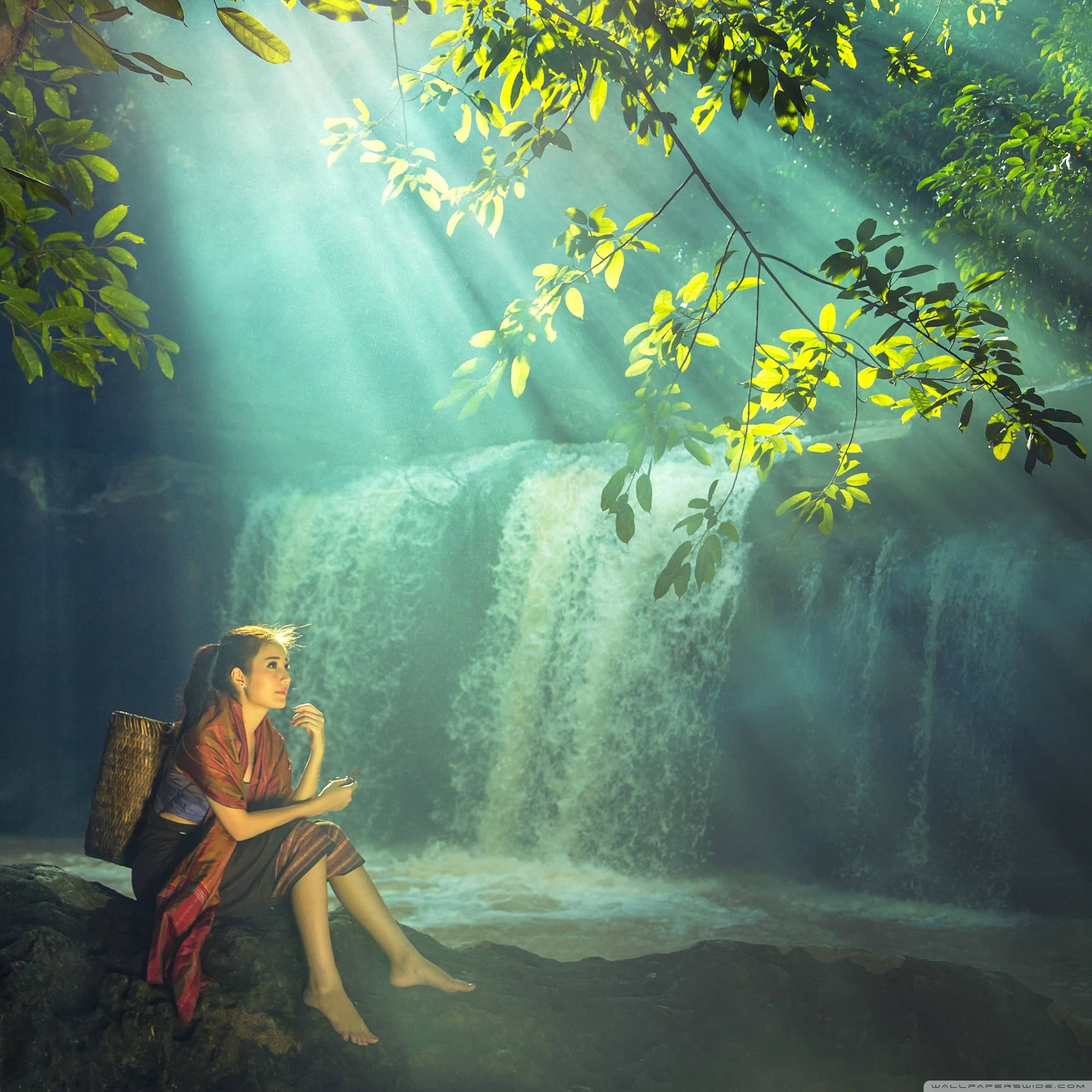 Beautiful Girl Near Waterfalls Background