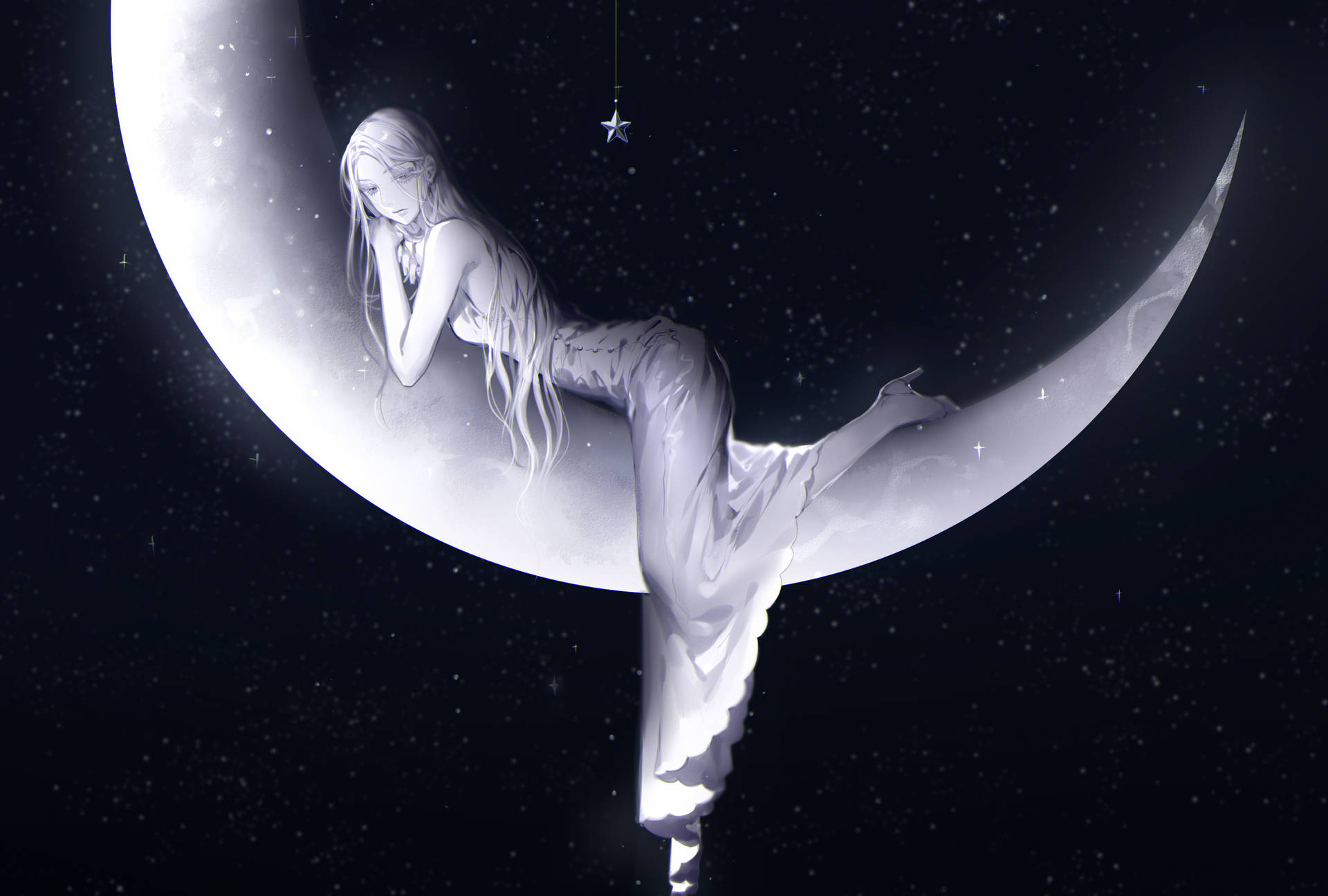 Beautiful Girl On Crescent Moon Background
