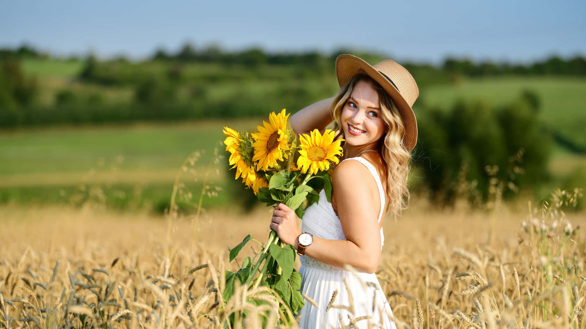 Beautiful Girl Sunflowers Sunny Day