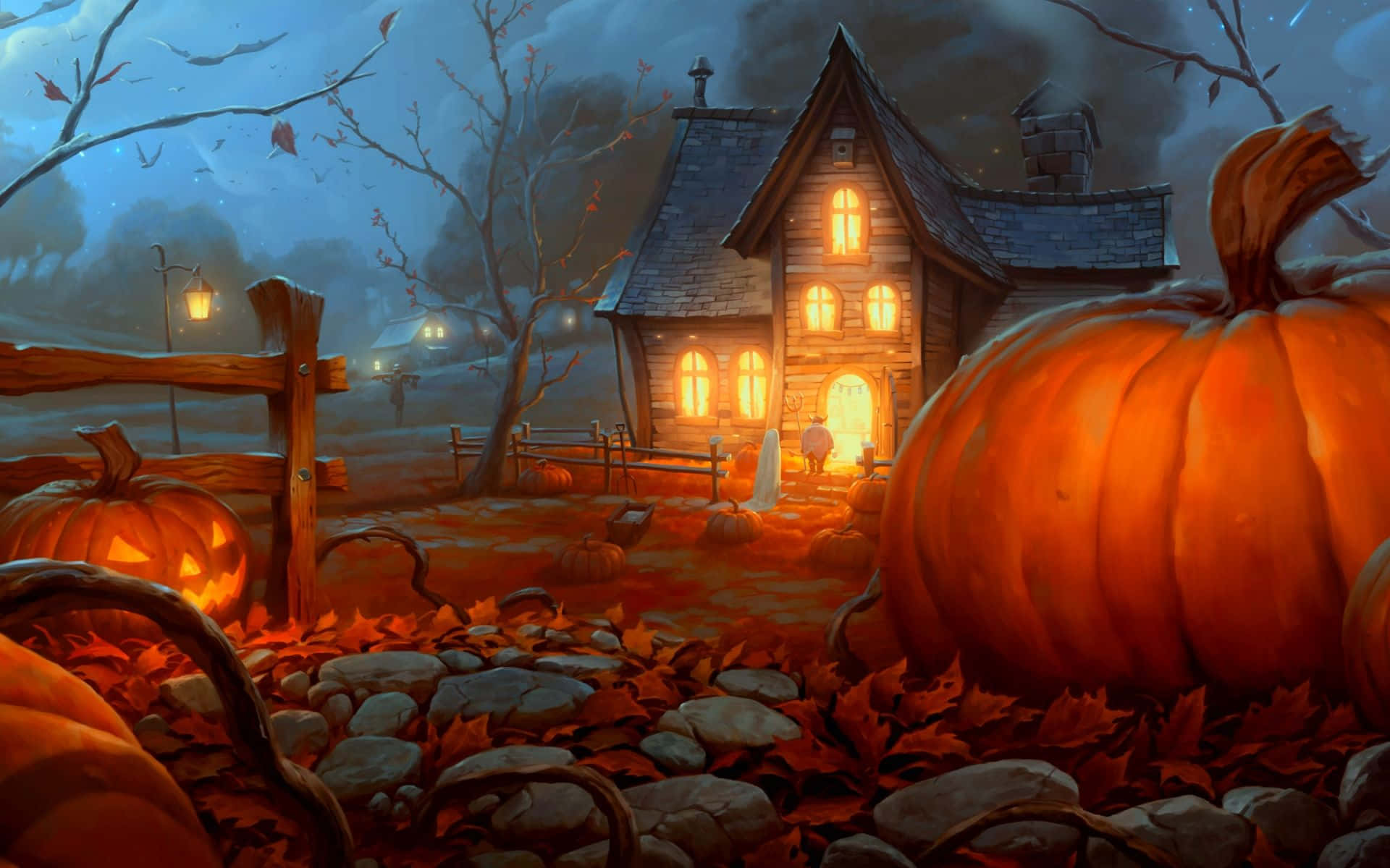 Beautiful Halloween House At Night Background