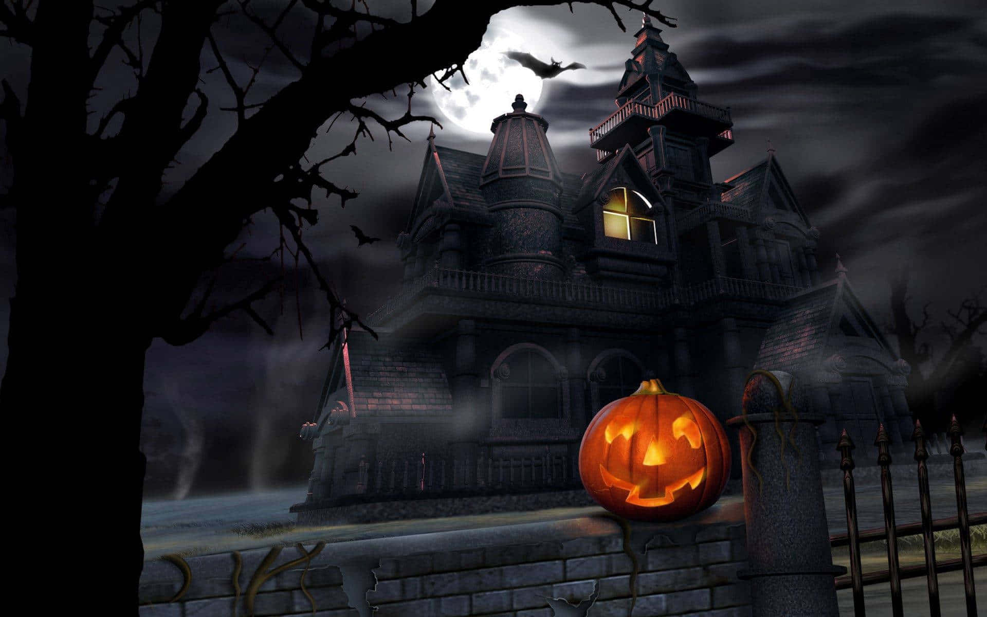 Beautiful Halloween Pumpkin On Creepy Manor Background