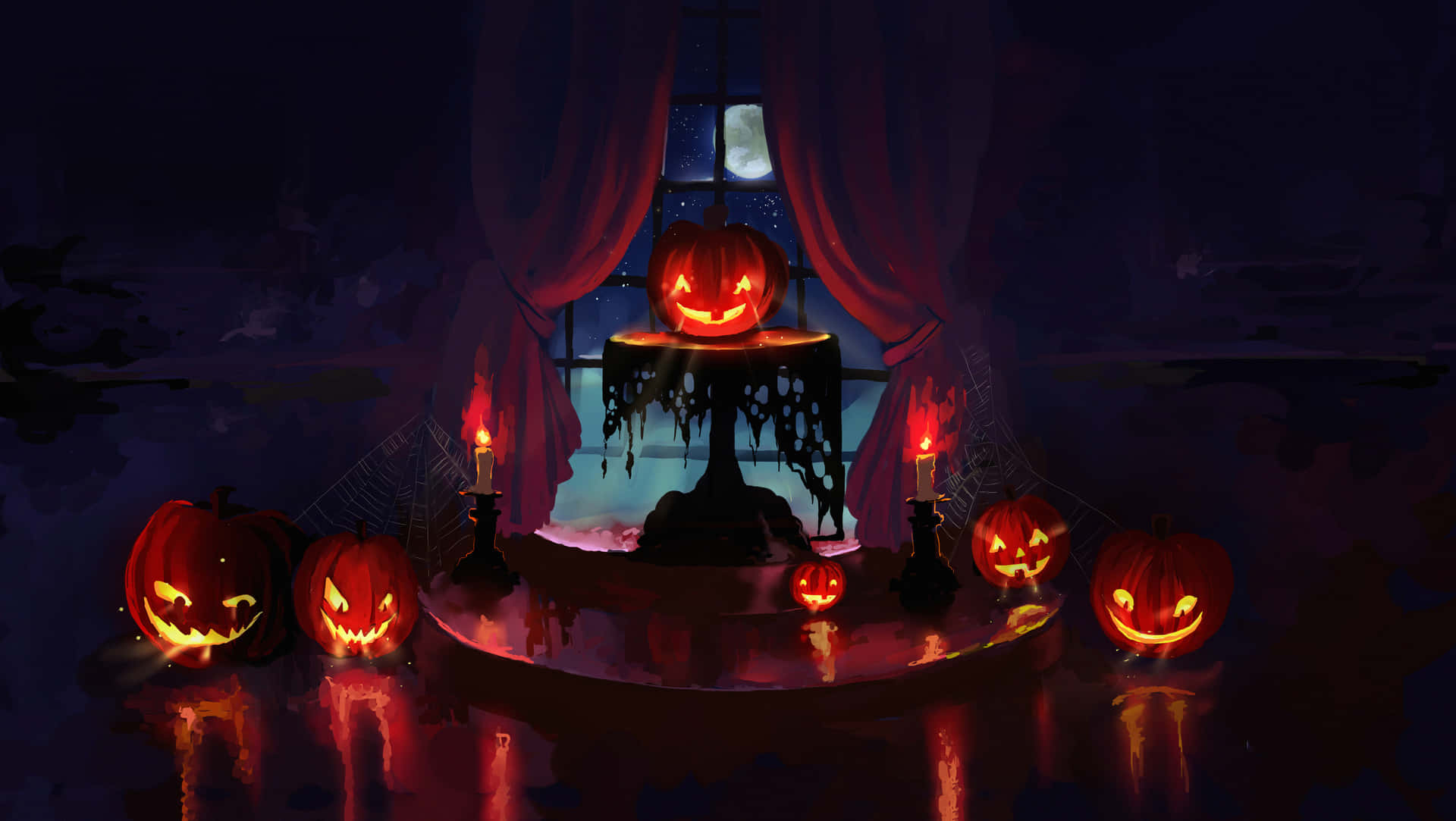 Beautiful Halloween Pumpkins By The Window Background