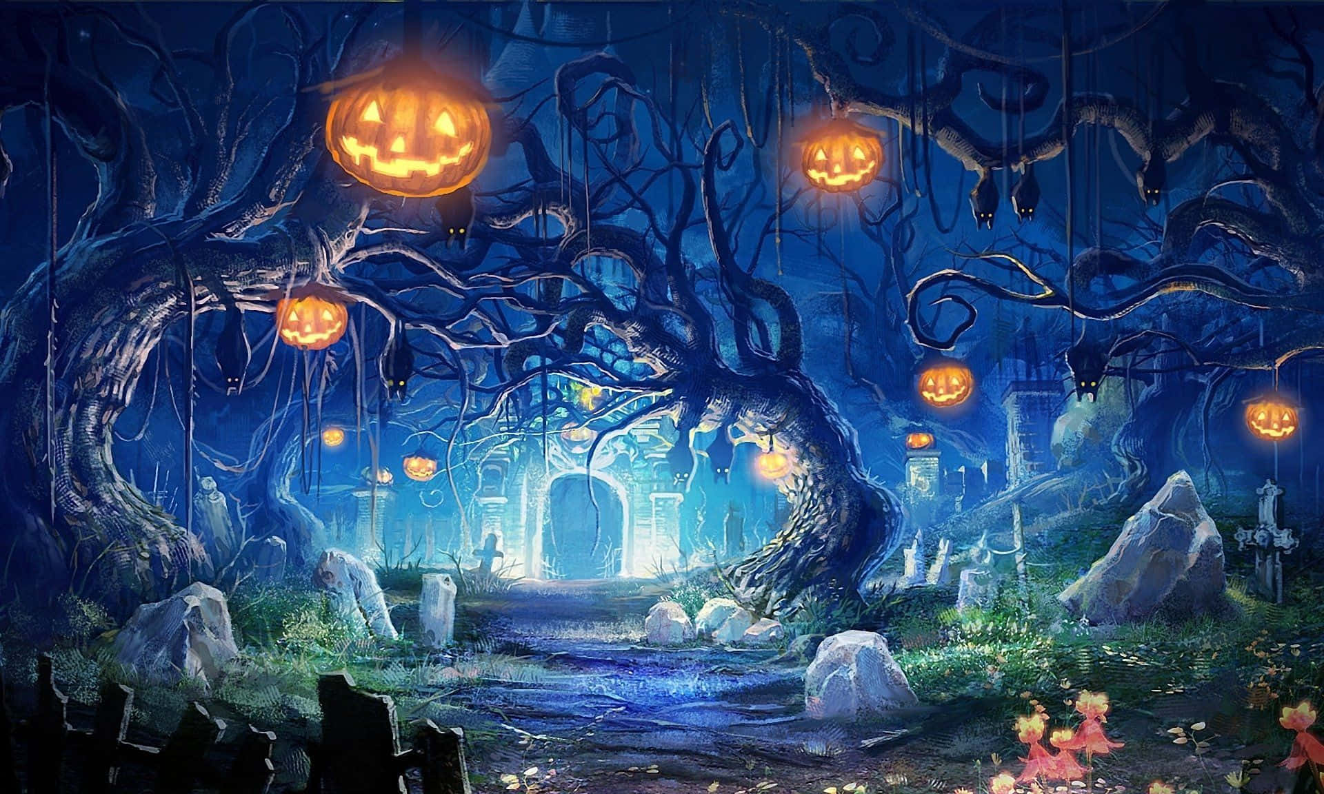 Beautiful Halloween Pumpkins In A Cemetery Background