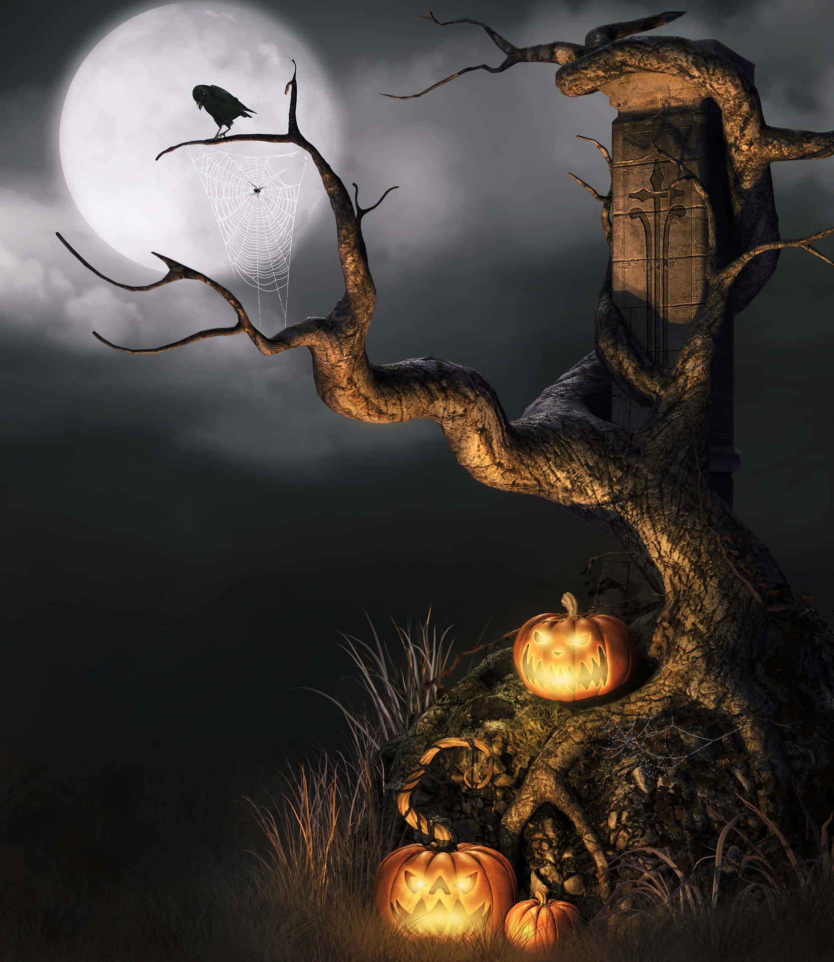 Beautiful Halloween Tree With Pumpkins Background